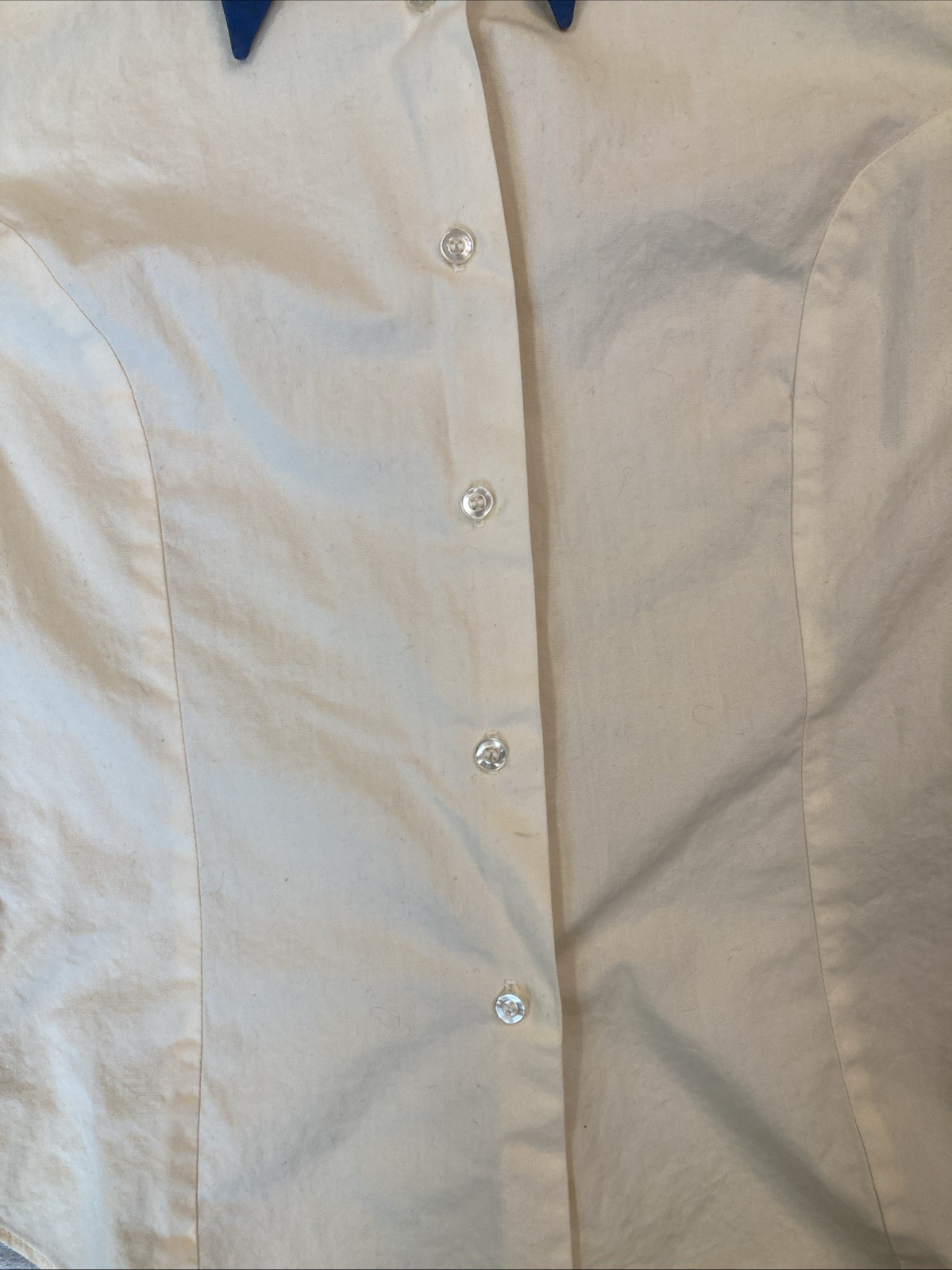 Vintage Union Made Women’s Shirt Blouse 70s 60’s Retro Big Collar Blue Ivory USA