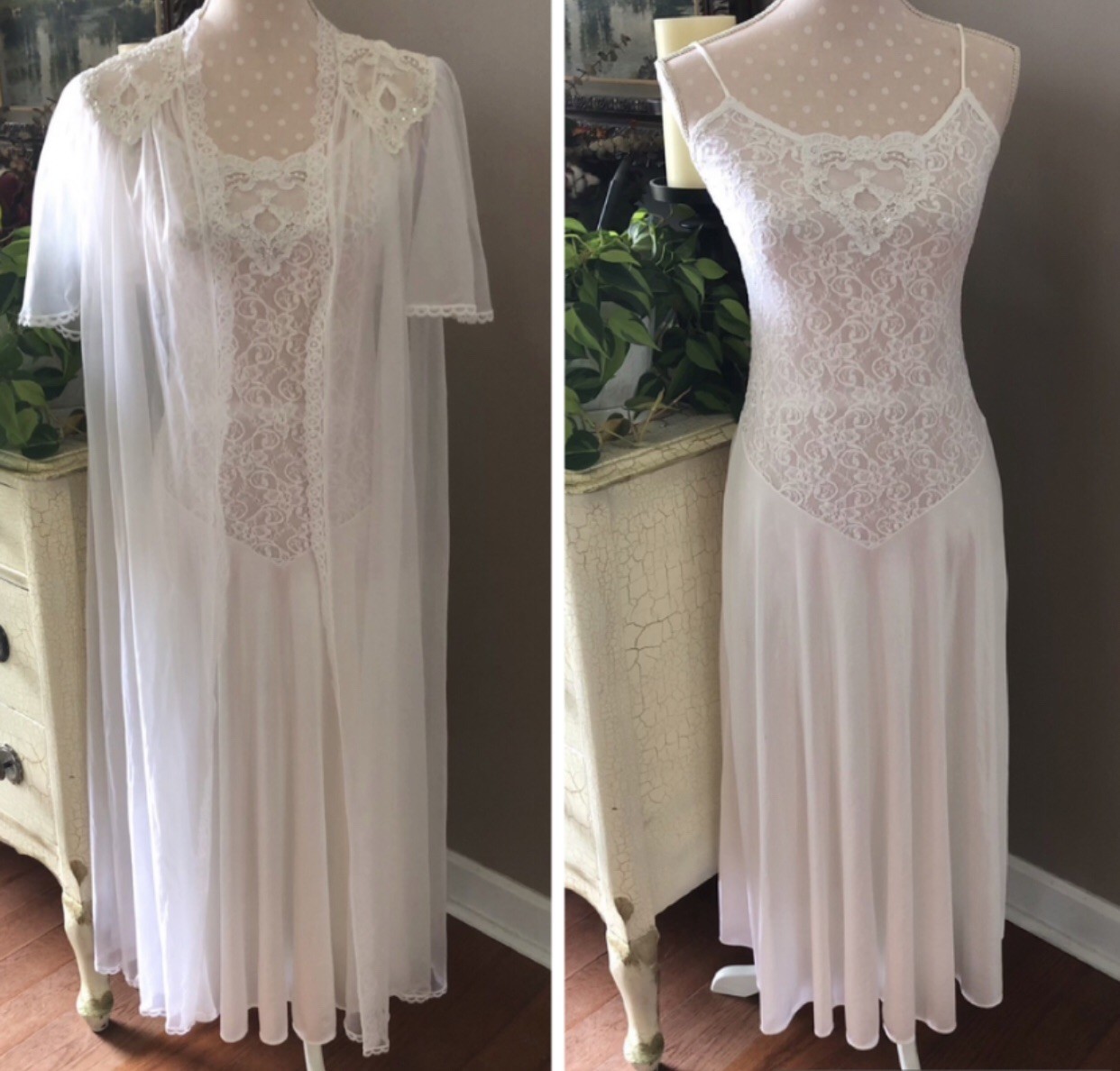 Vtg Val Mode Peignoir Gown & Robe Bridal Set White Lace Sequins Pearls Small
