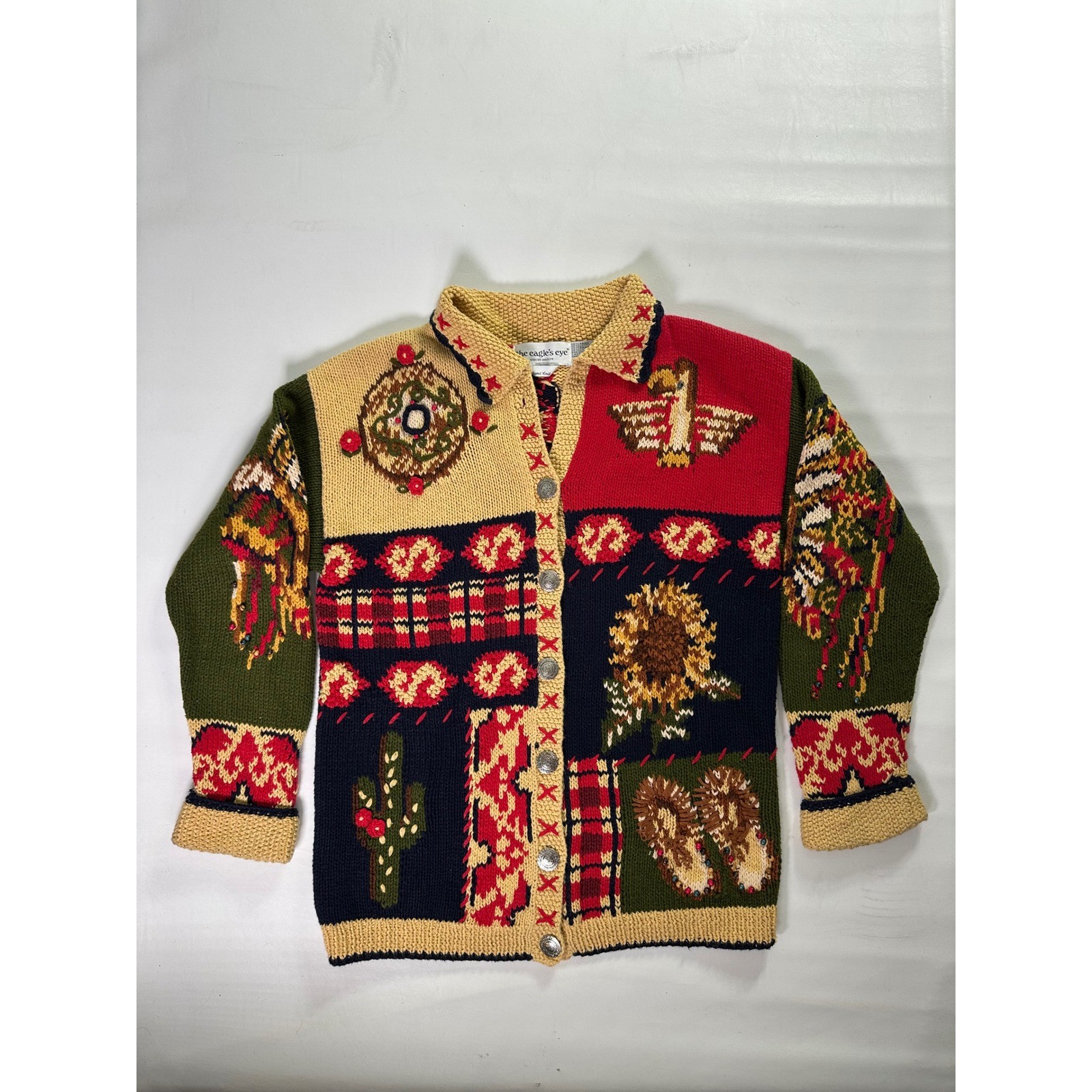 Vintage 1993 Sz S Eagle’s Eye Hand Knit Southwestern Patchwork Cardigan Sweater