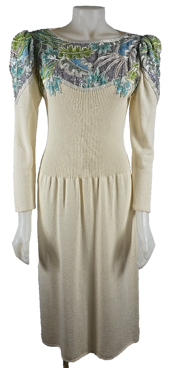 READ DESC -Vintage Pat Sandler Wellmore Knit Beaded Sequin Ivory Zip Dress Sz 10
