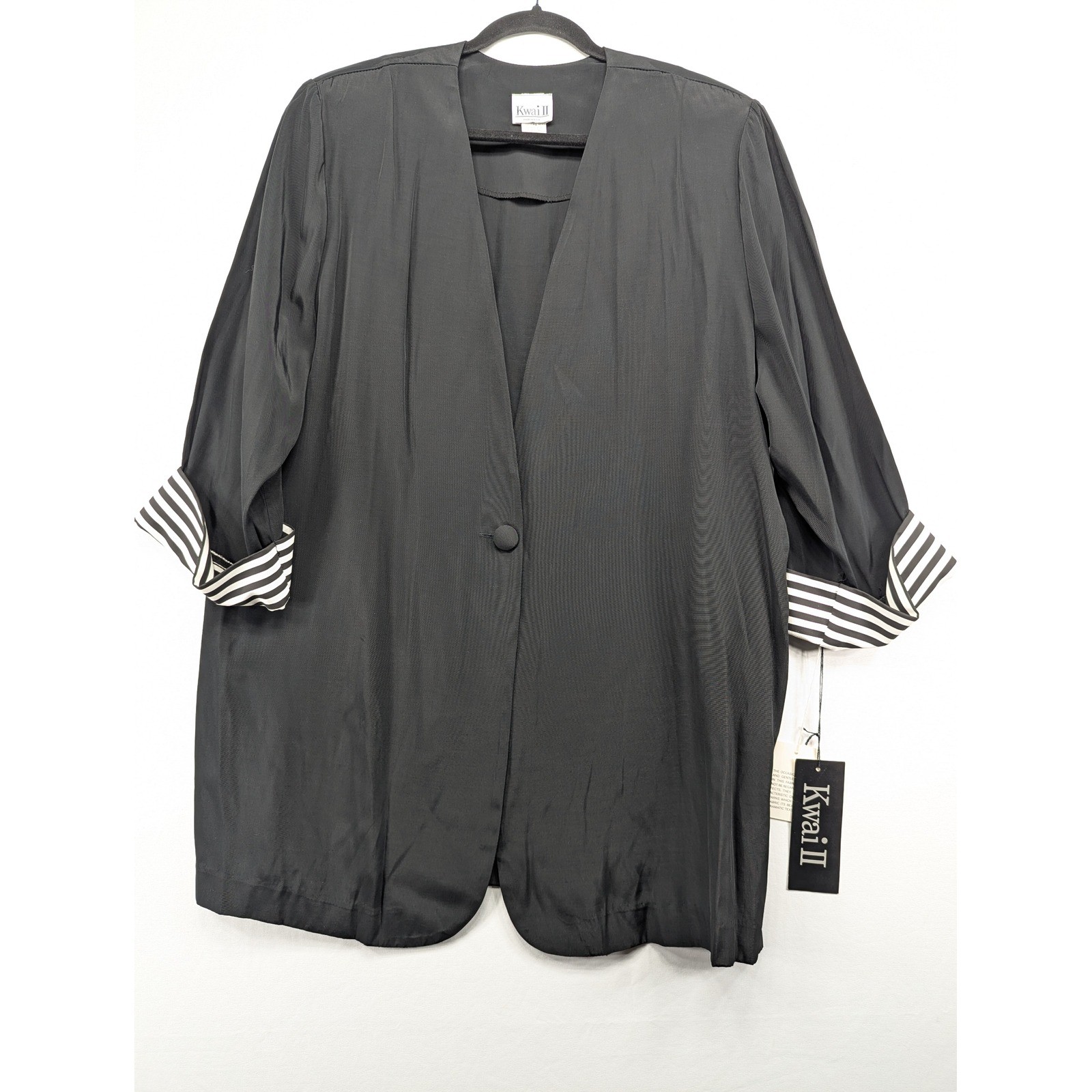 Kwai II Vintage Black Blazer White Blouse Set Plus Size 18W Striped Cuffs USA
