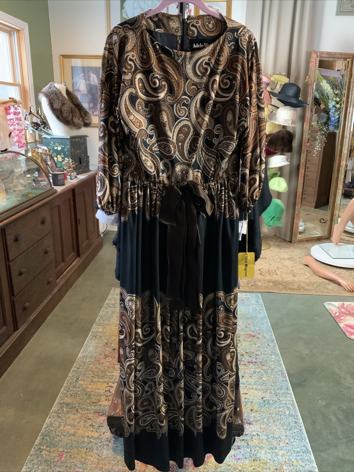 BNOS 1970s ADELE SIMPSON Brown Black Paisley Maxi Full Length Gown Sz 12 Bust 38