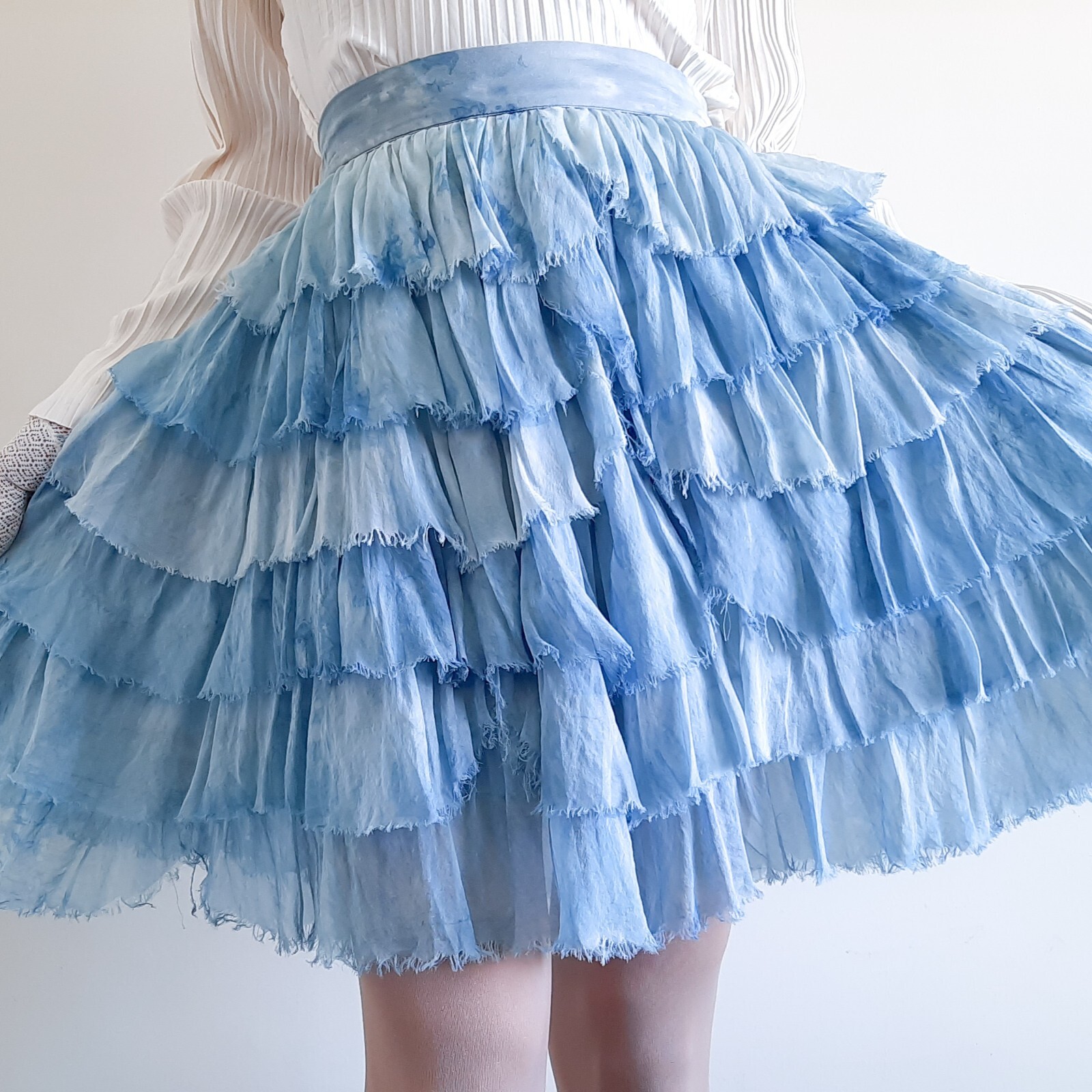 Dolce Gabbana 100% Silk Ruffle Skirt Blue Ombre Layered Dance Mini Skirt Size S