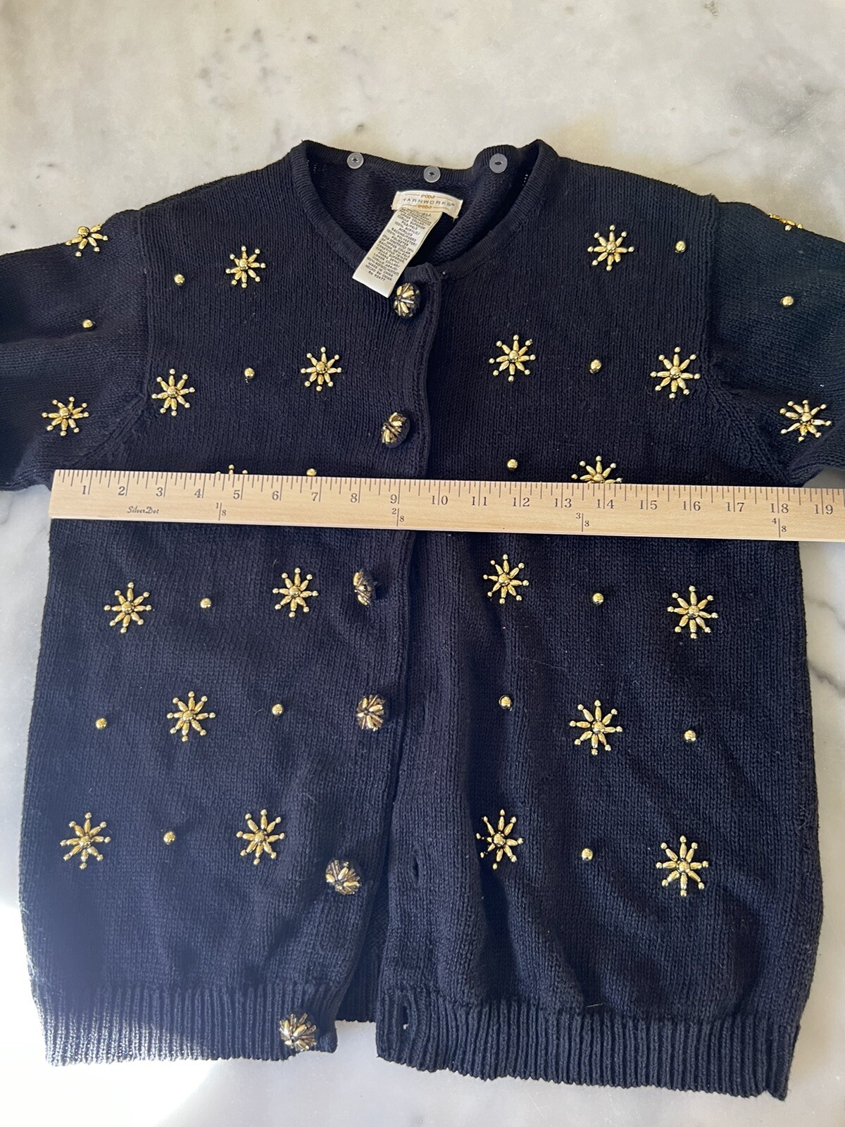 VTG YARNWORKS BLACK Xmas Sweater GOLD Stars Size Small