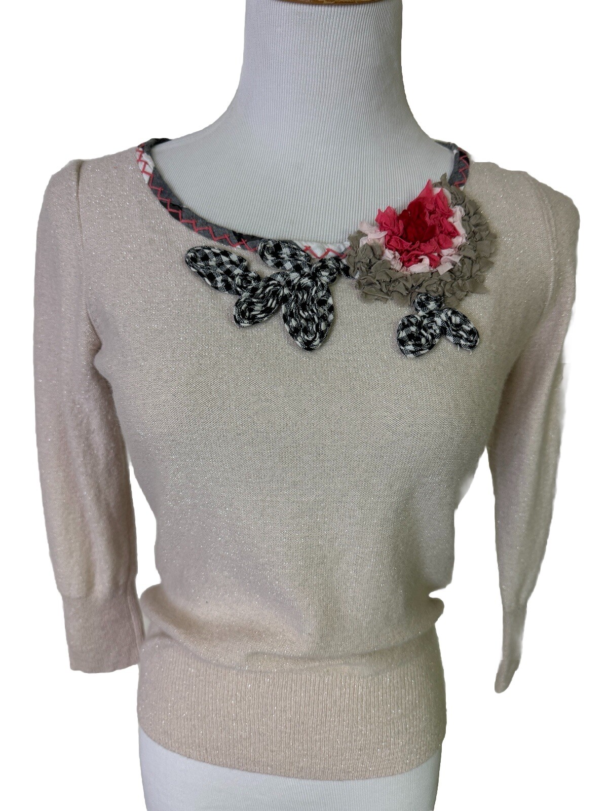 VNTG Anthropologie Karen Nicol Sweater Cashmere Blend, Beige Metallic SZ Medium