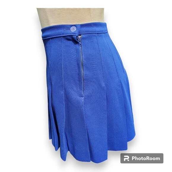 Vintage Pleated Mini Skirt Cheer Skirt Blue Side Button and Zipper Closure Retro
