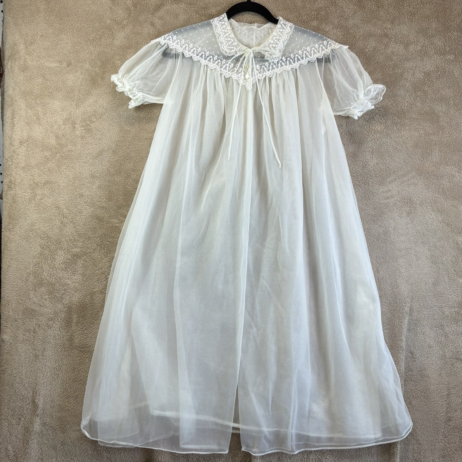Vintage Bridal Sheer Chiffon Peignoir Robe Ivory Lace Size S Bow Seamprufe READ