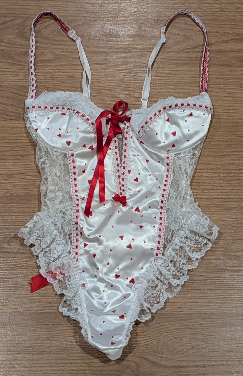 Vintage 80s Fredericks Of Hollywood Satin Hearts Hi-Cut Thong Teddy Lingerie – S