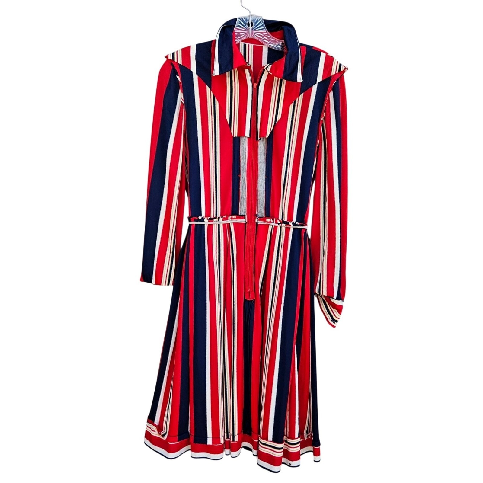 Vintage 70s California Stripe Nylon Knit Dress Red White Blue Zip Front Womens M