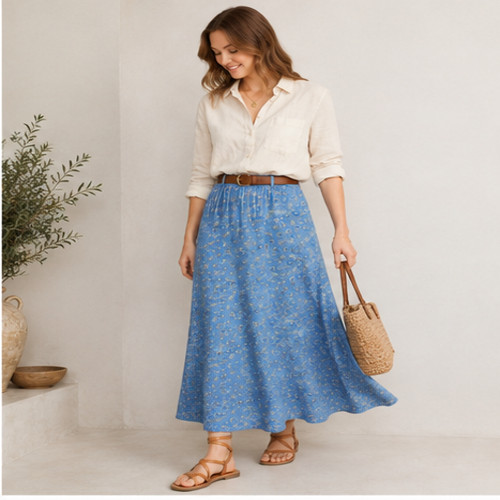 Vintage 90s Clio Petites Ditsy Floral Rayon Midi Skirt – Cornflower Blue PSmall