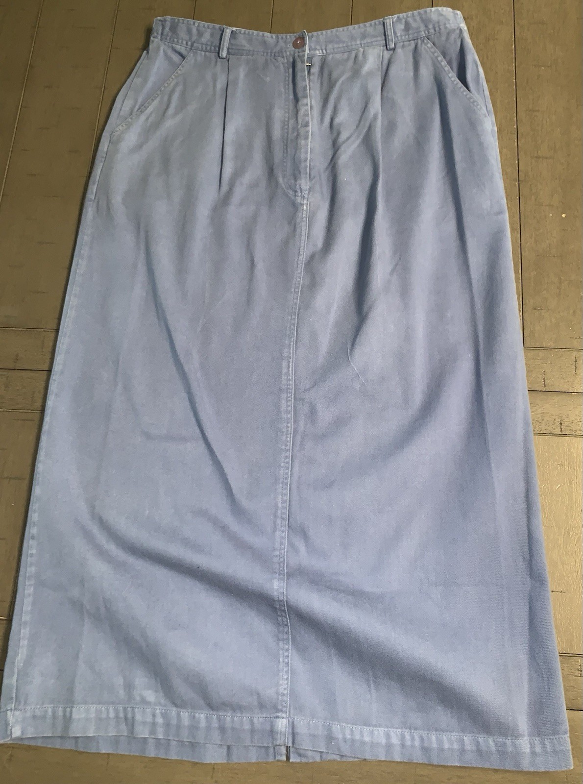 A1 80s SMALL CAPACITY MAXI COTTON BLUE SKIRT FRONT BUTTON STRETCH COTTAGE CORE