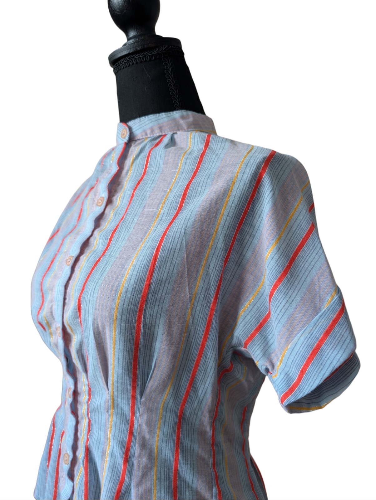 Vintage You Babes Striped Buttoned Blouse Short Sleeved Cuffed Size M