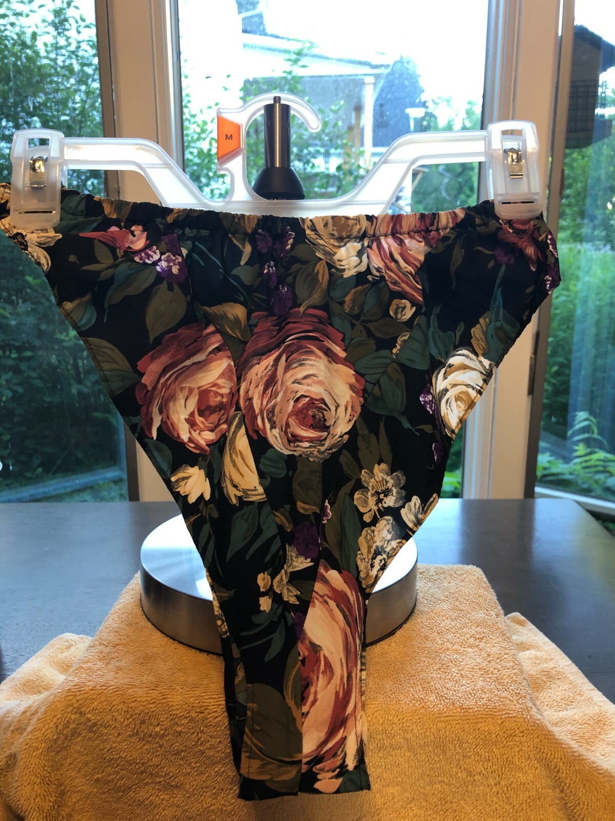 Vintage Hi-Leg FLUTTER String Bikini Thong PANTIES BLACK Floral SMALL CIRCA 2000