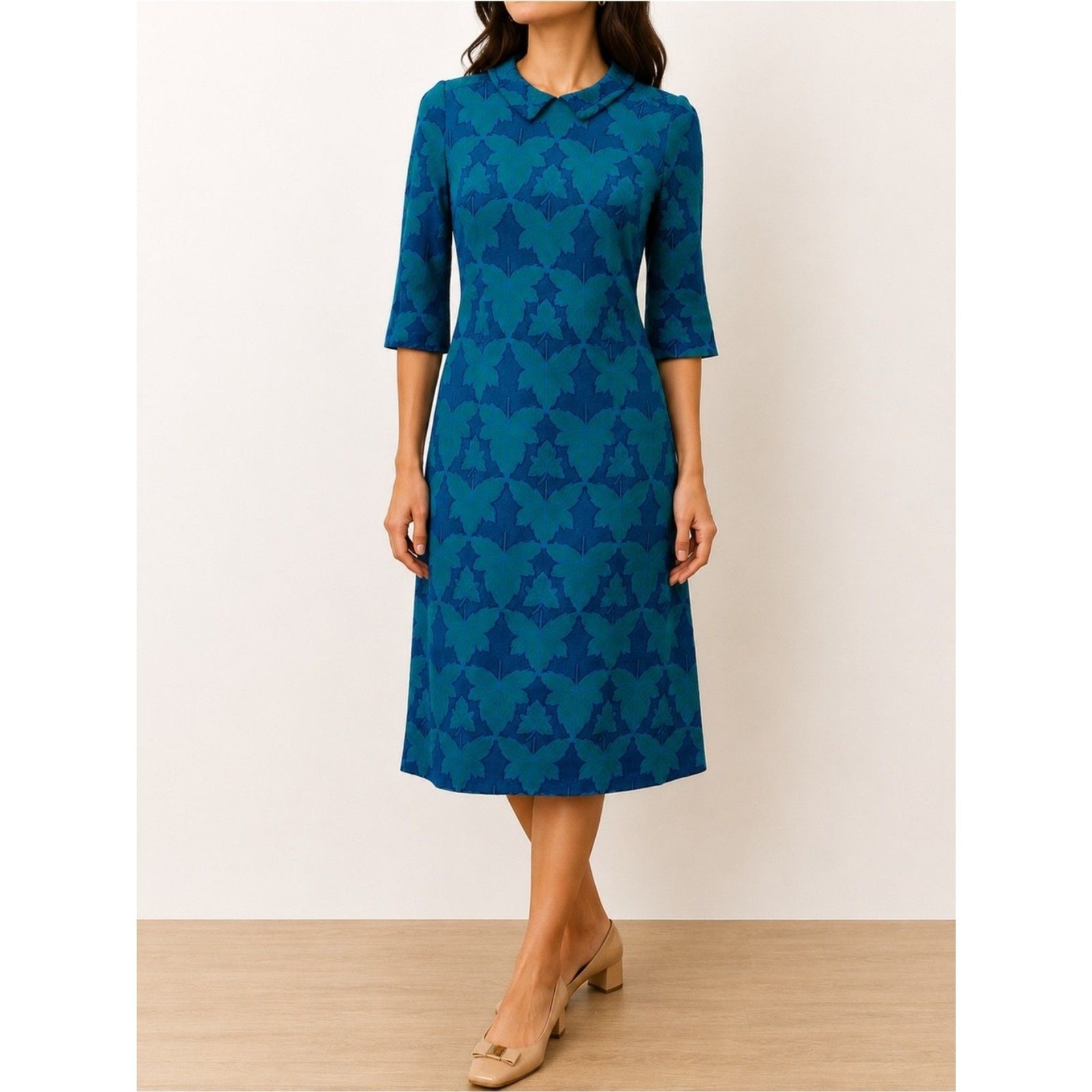 Vintage 1960s Jean Lang Original Blue Green Jacquard Leaf Print Dress Mod A-Line
