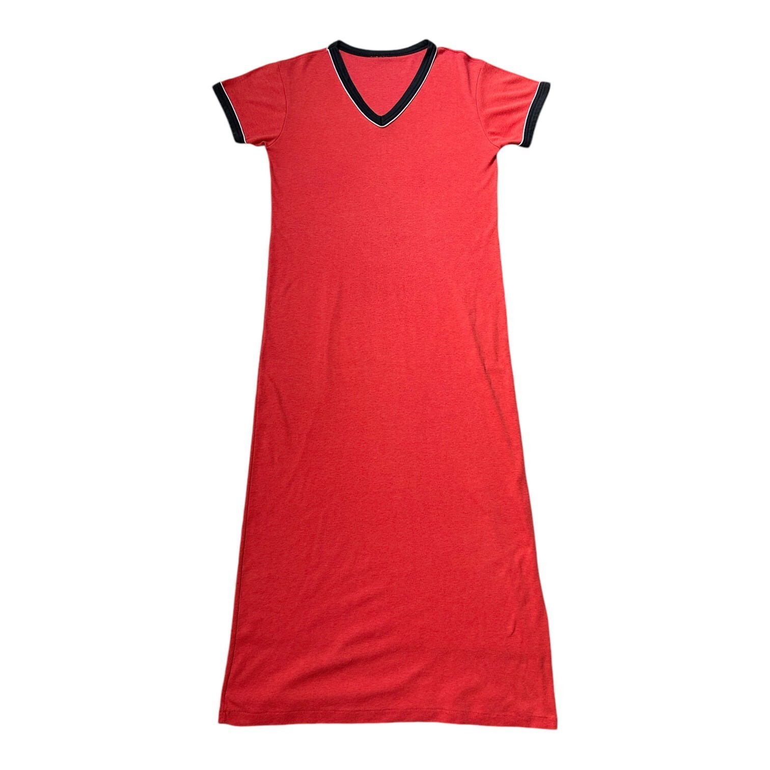 70s 80s Vintage T-shirt Dress Maxi Ringer V-neck Soft Thin Contrast Collar.