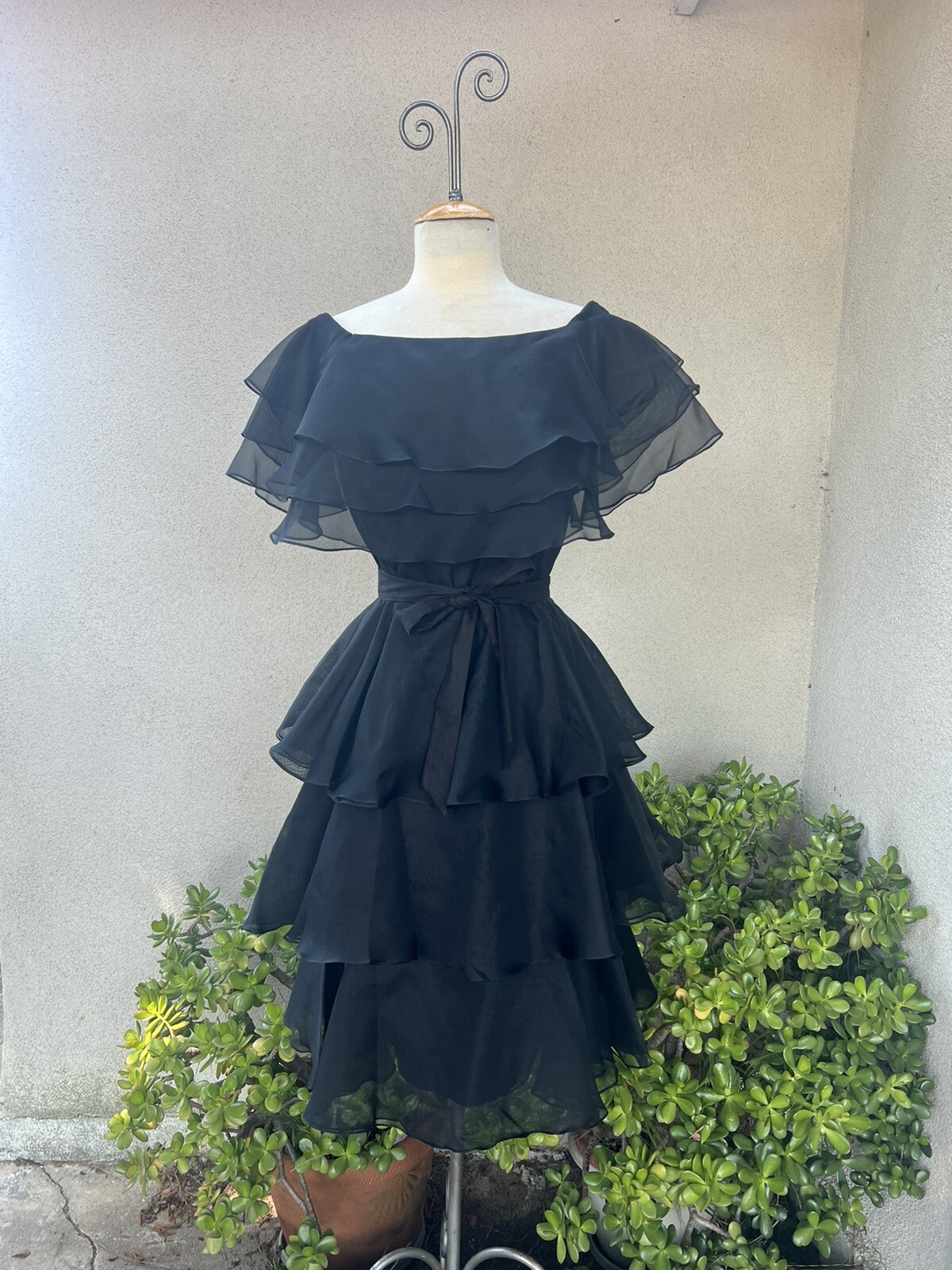 Vtg Black Chiffon Dress Cocktail Midi Tiered Sz 8 Jill Richards