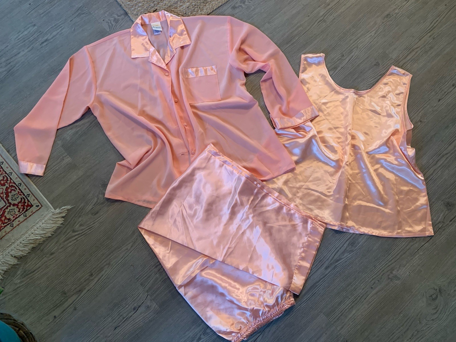 Vtg 80’s Suzanne Somers Loungewear Pajamas Satin 3 Pc Set Shirt Pants Cami Sz 2X