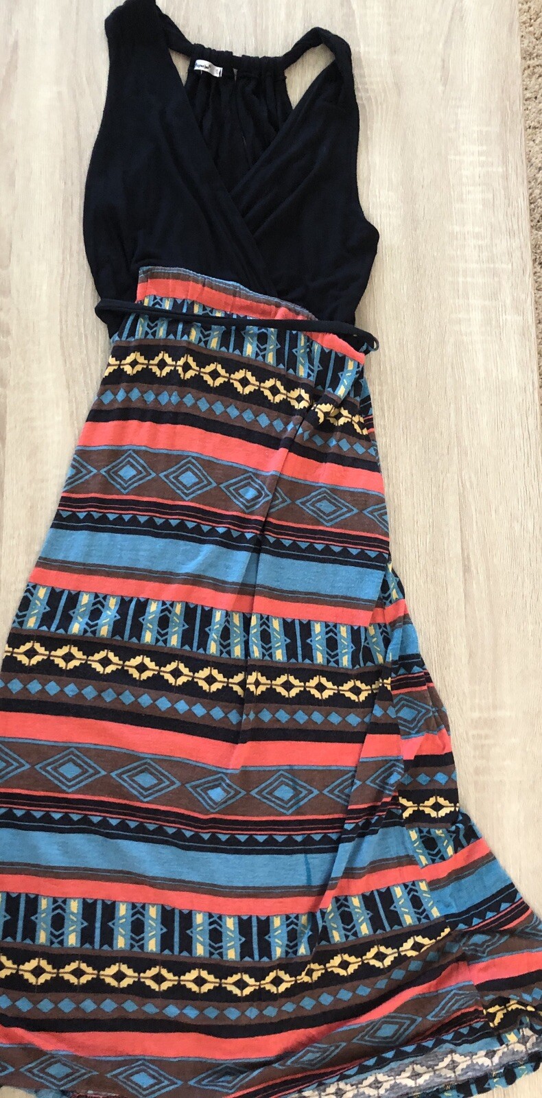 Y2K Vintage Papaya Boho Fairy Grunge Halter Top Maxi Dress Aztec Print Black M