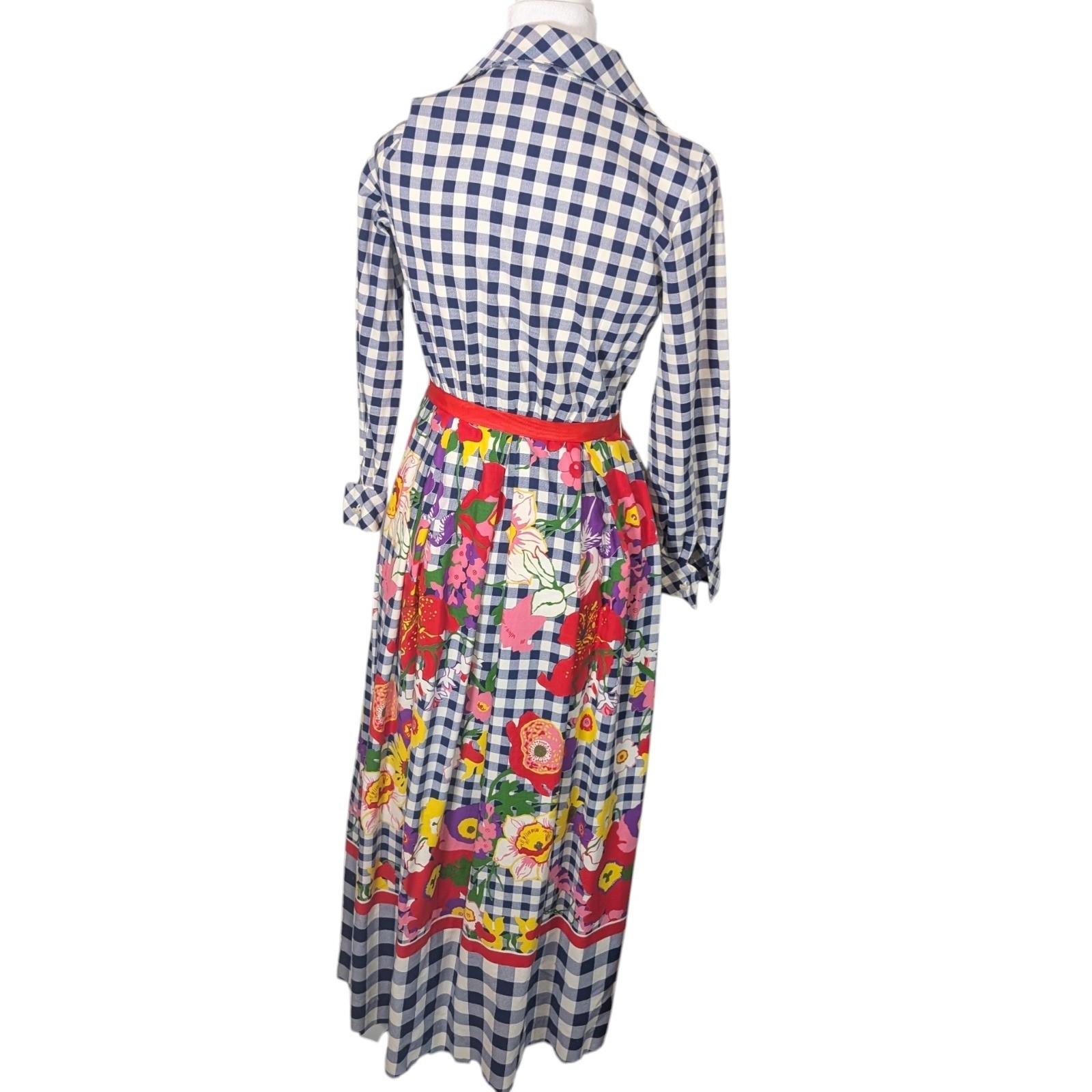 Vintage 70s Gingham Floral Maxi Shirt Dress Navy Blue White Red Belt Long Sleeve