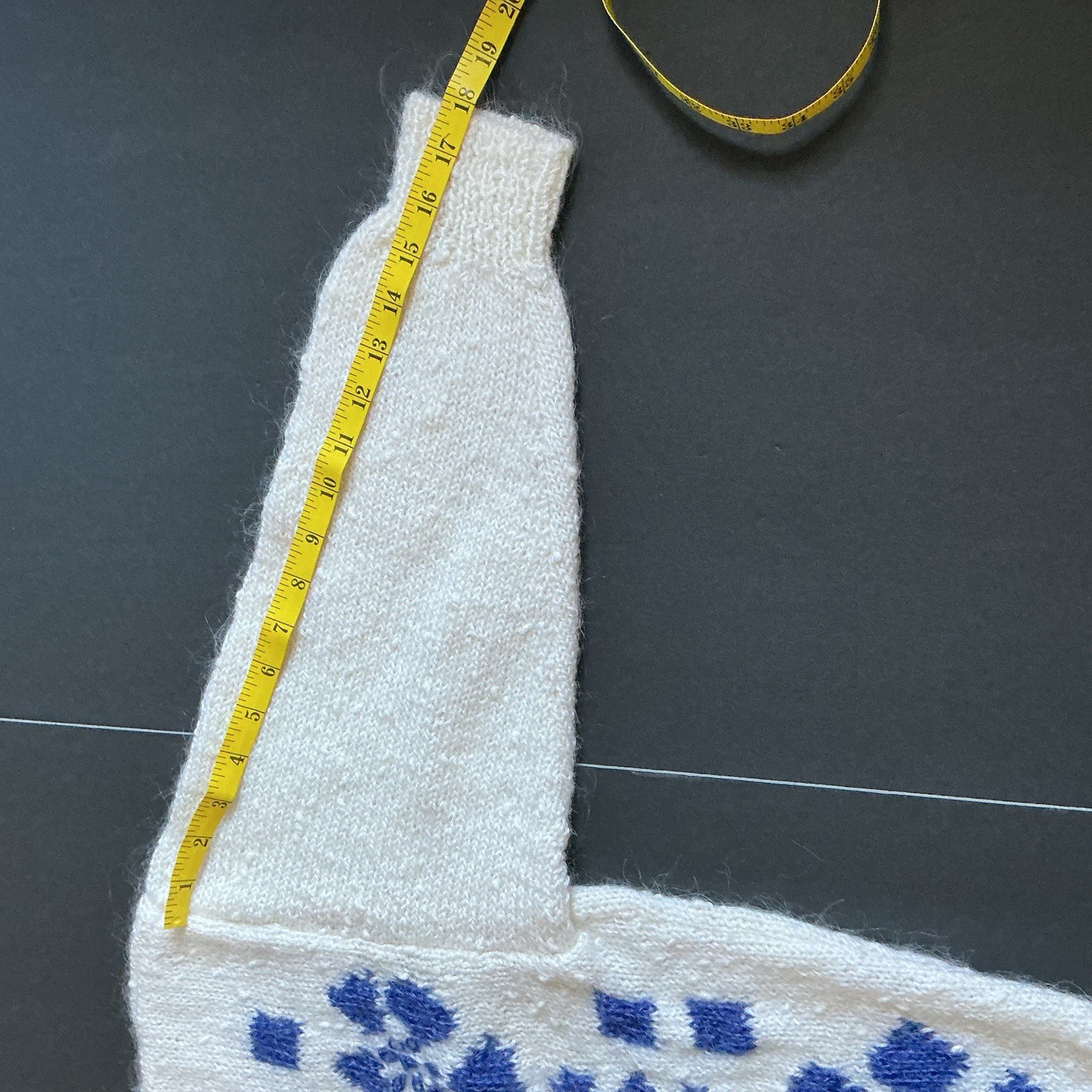 vintage hand knit nubby fuzzy cream white with blue flowers handmade small