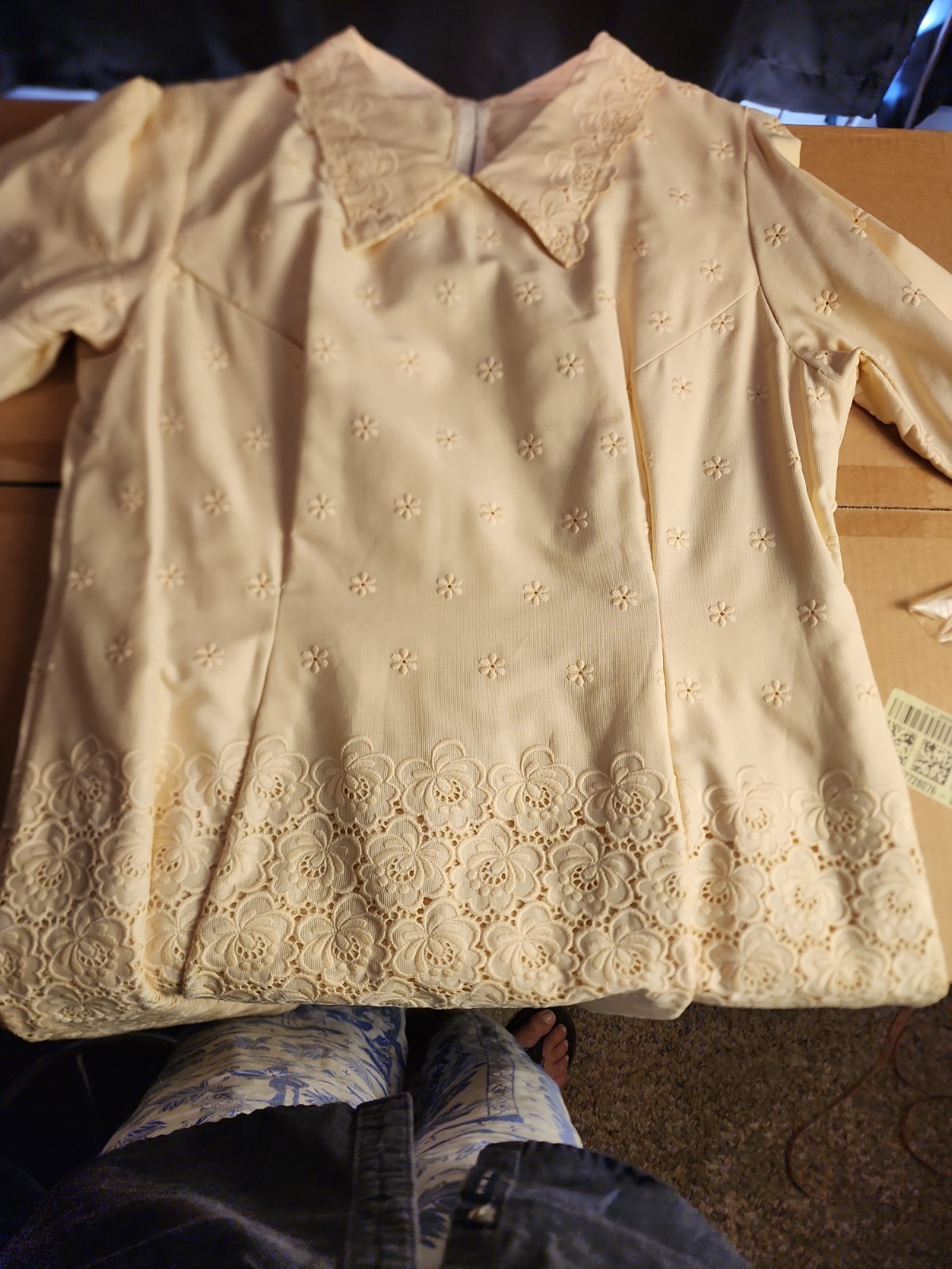 Vintage Ivory Floral Embroidered Dress Cottagecore Prairie Large BOHO