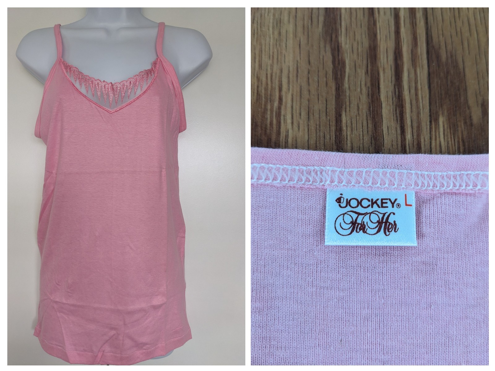 Vintage Camisole Tank Top Jockey For Her Pink 100% Cotton Womens Large USA