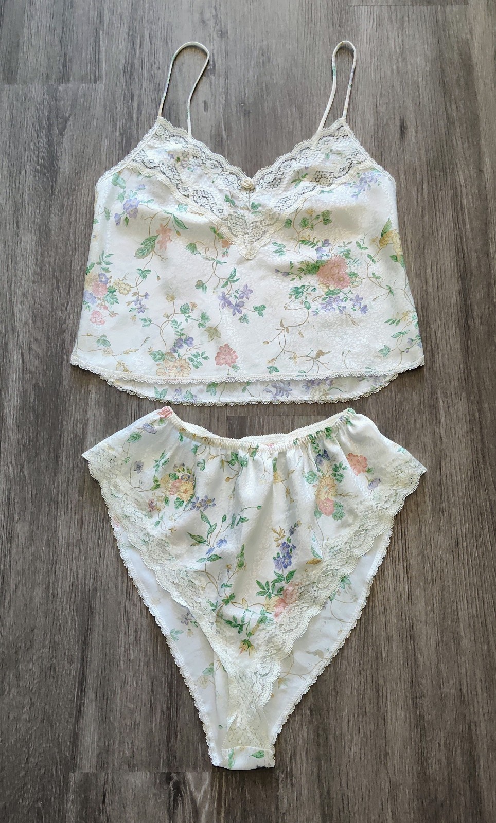 Vintage Lucie Ann ll Floral CamiTop & Thigh High Bottom Lace Trim Set Lingerie