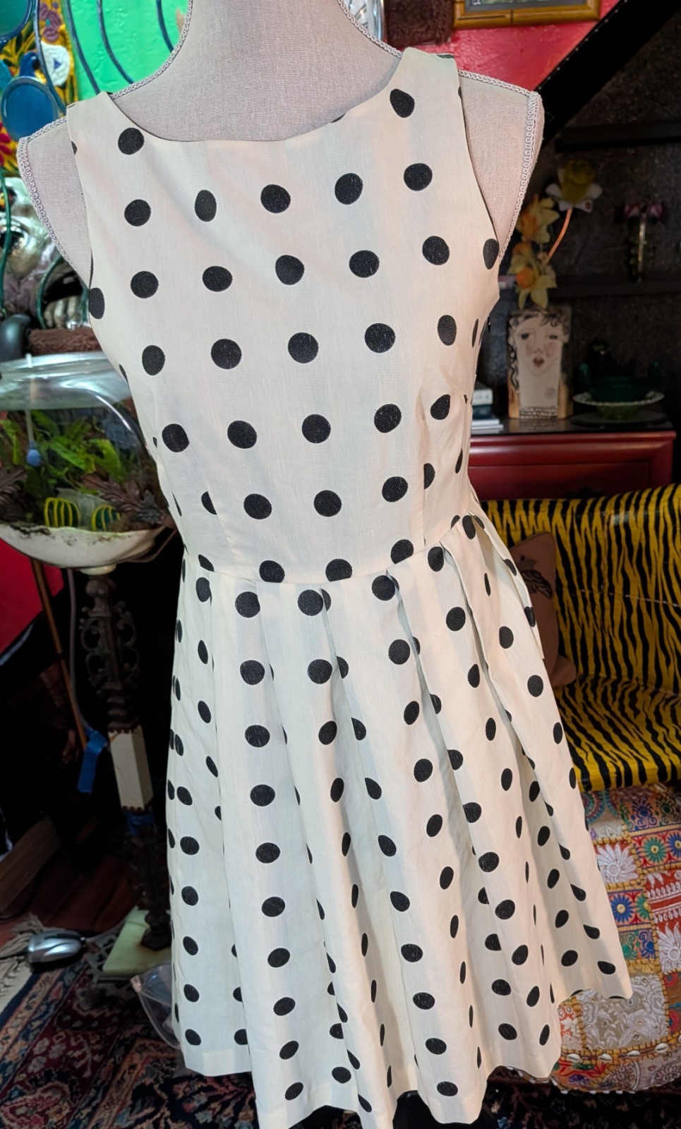 Anthropologie Eva Franco Dress Sz 2 Polka Dot VTG Lined A Line Pleats Red Bow