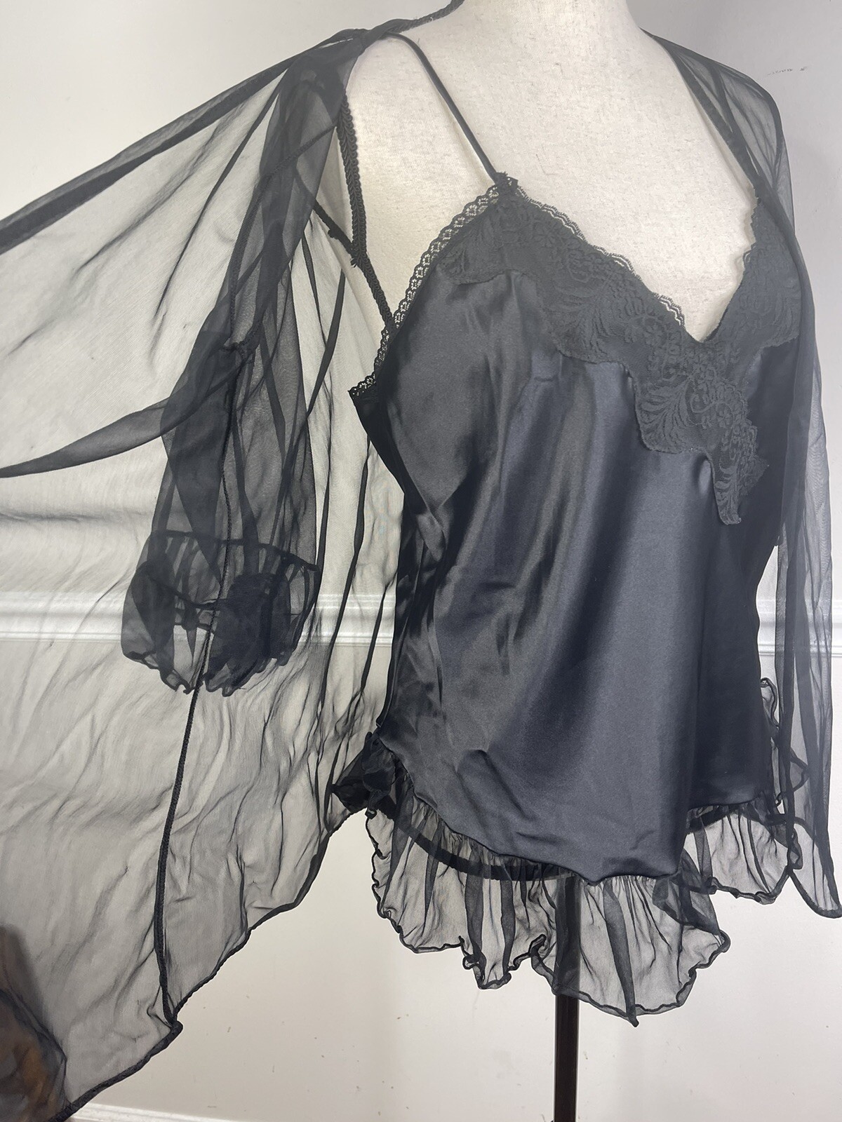 Vintage DELICATES Liquid SATIN Lace Cami Peignoir Black Large Chiffon Set Sexy