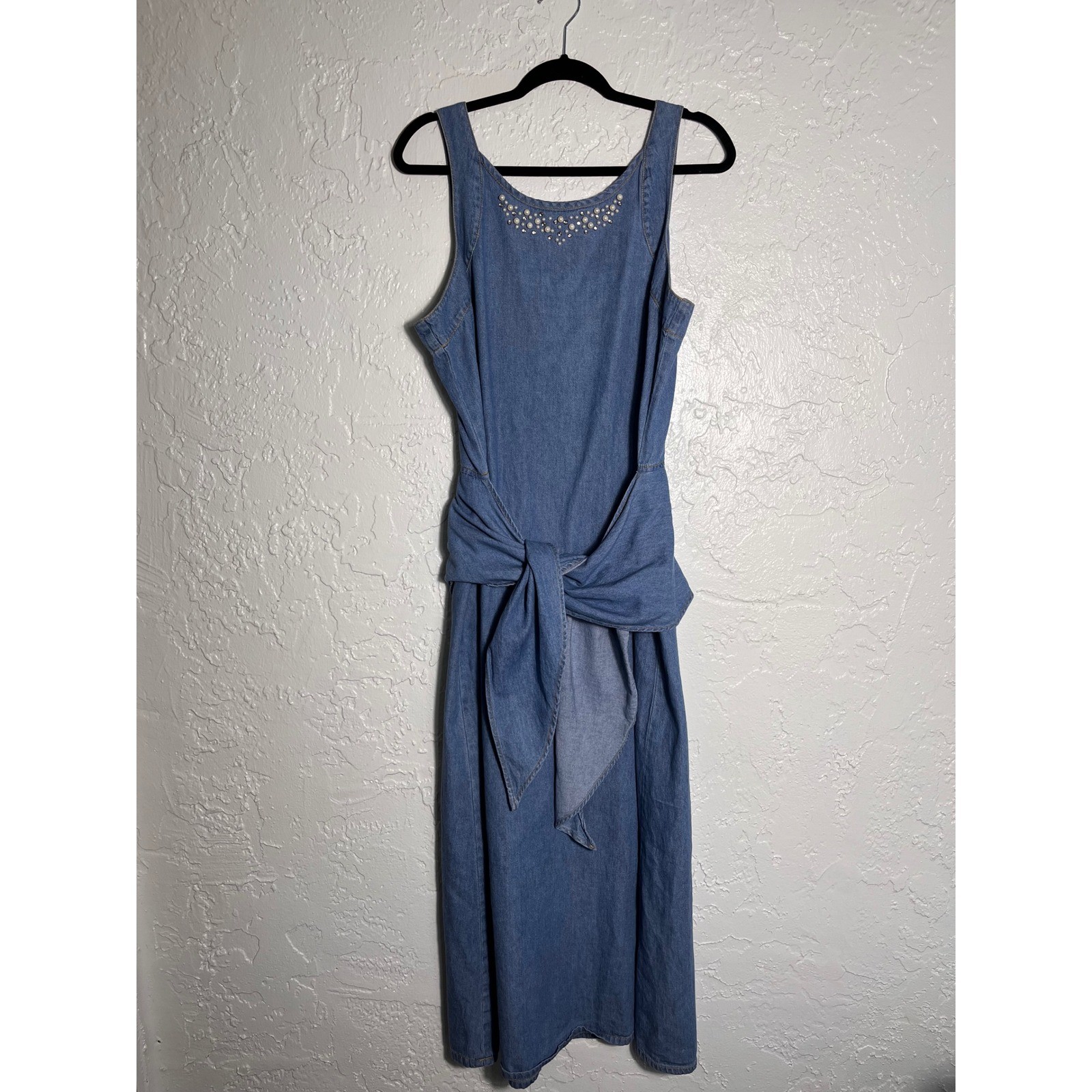 Vintage Monique Fashions Denim Tie Waist Pearl Stud Midi Dress Cotton Sz 14