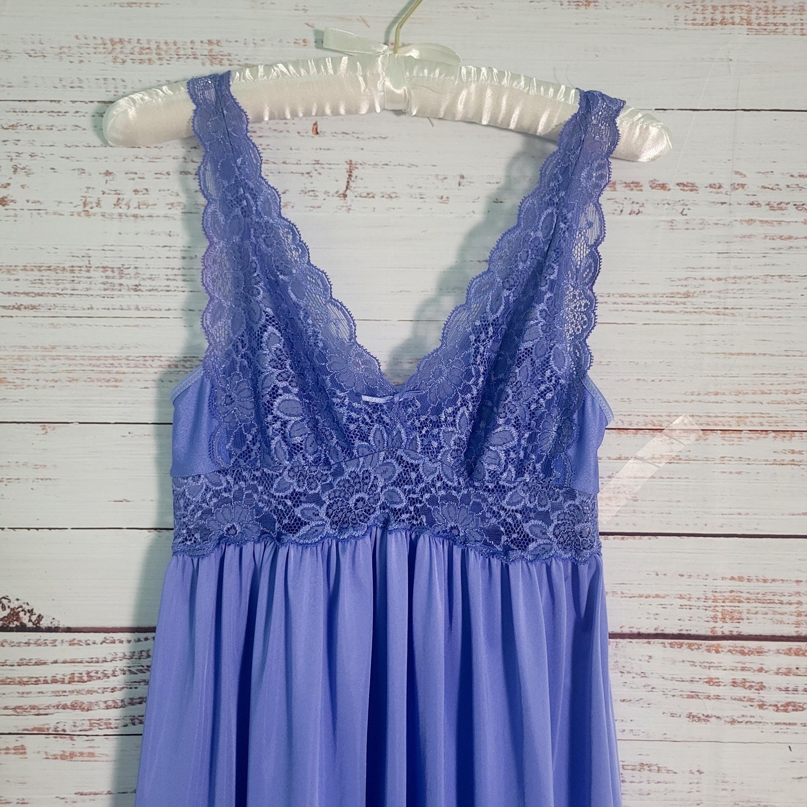 Vintage Shadowline Nightgown Long Periwinkle Blue Purple Lace Bodice Maxi