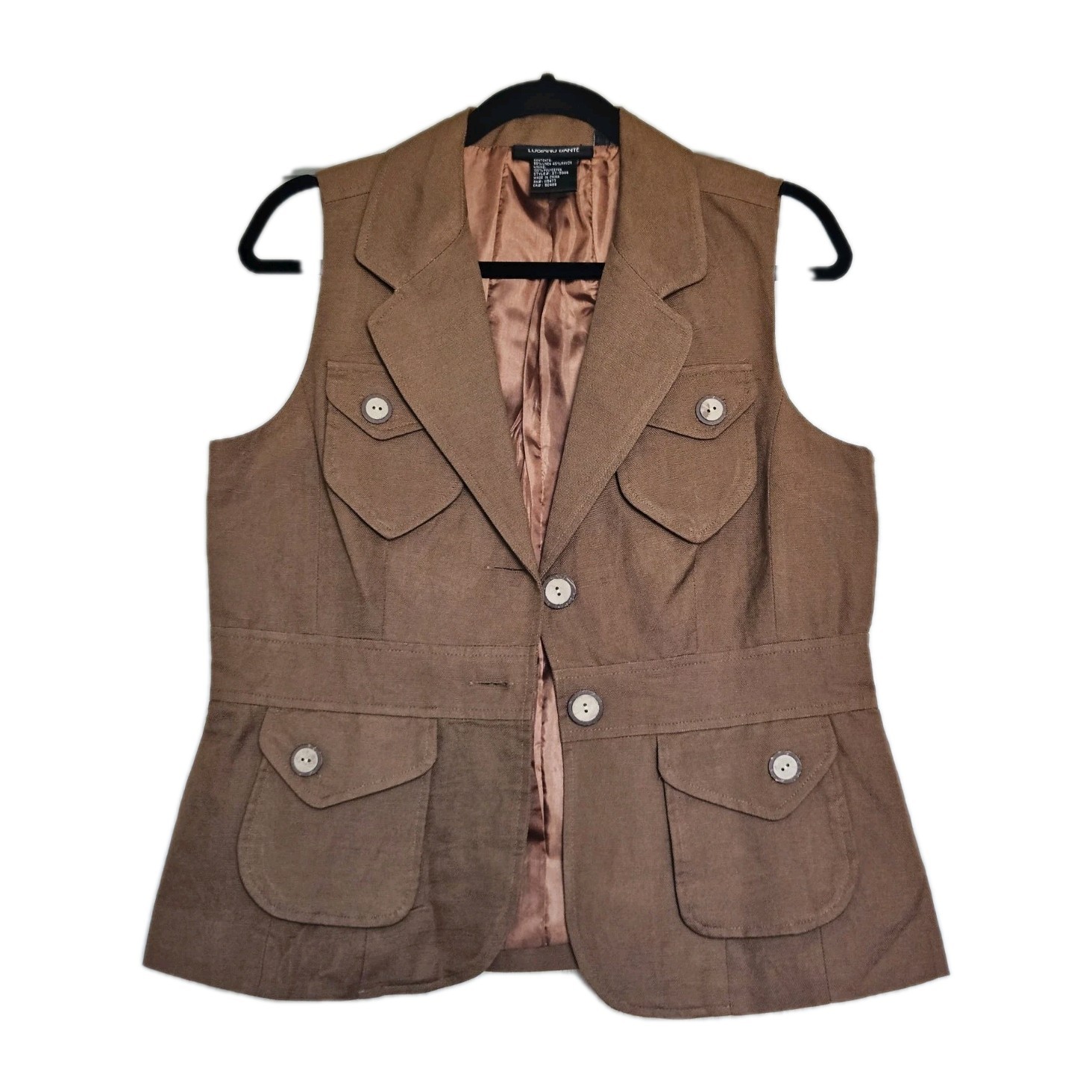 Vtg Luciano Dante Brown Linen Safari Vest Colonial Chic Expedition Utilitarian 8