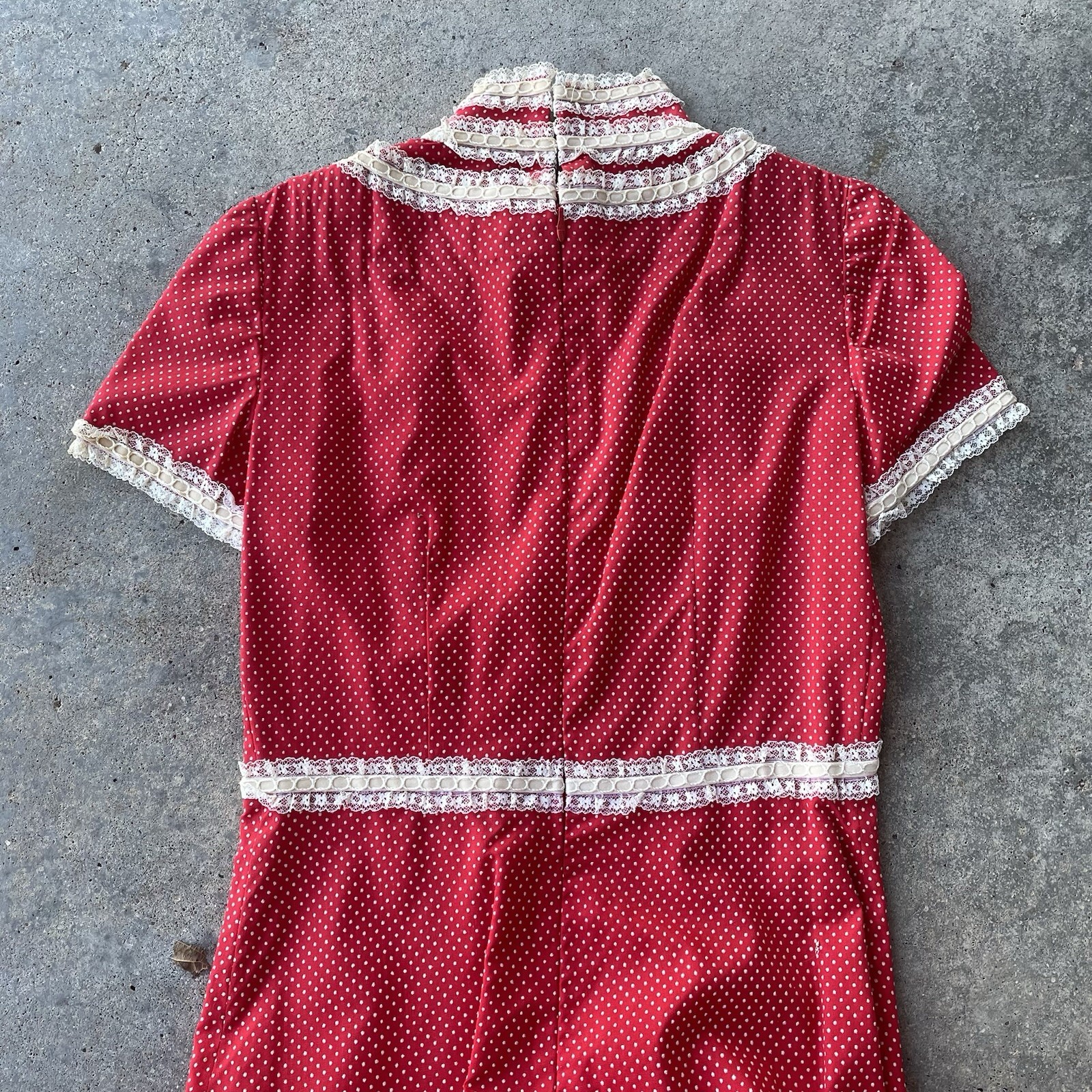 Prairie Cottage Core Vtg 70s Maxi Dress Red White Polka Dot Lace Trim Women’s S