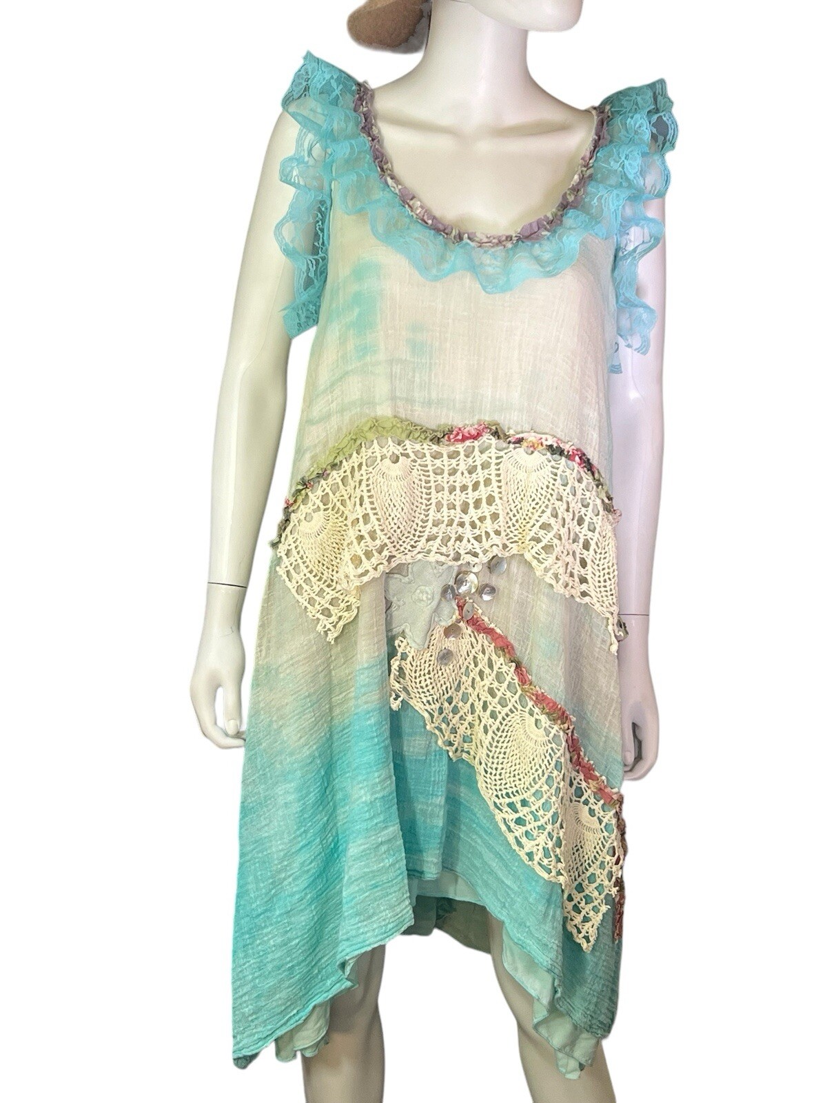 Art to Wear Handmade OOAK Up Cycled Lace Trim Swing Beach Dress Bohemian L