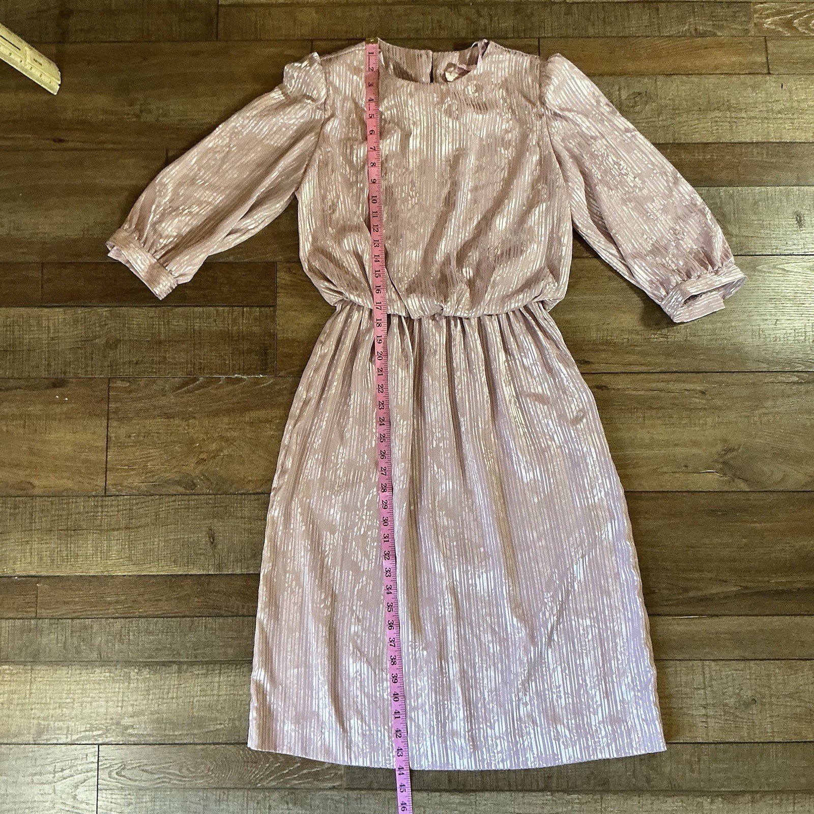 VINTAGE Size 12 Lady Carol Pink Shimmery Midi Dress Long Sleeve USA Made #35708
