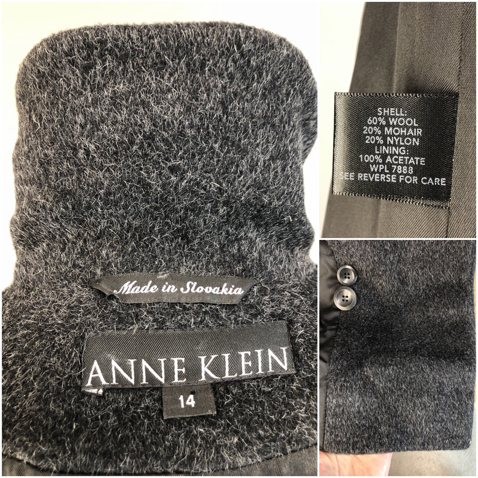 Vintage 90s Coat Wool Mohair Salt Pepper Heather Long Opera Anne Klein 14 L nwot