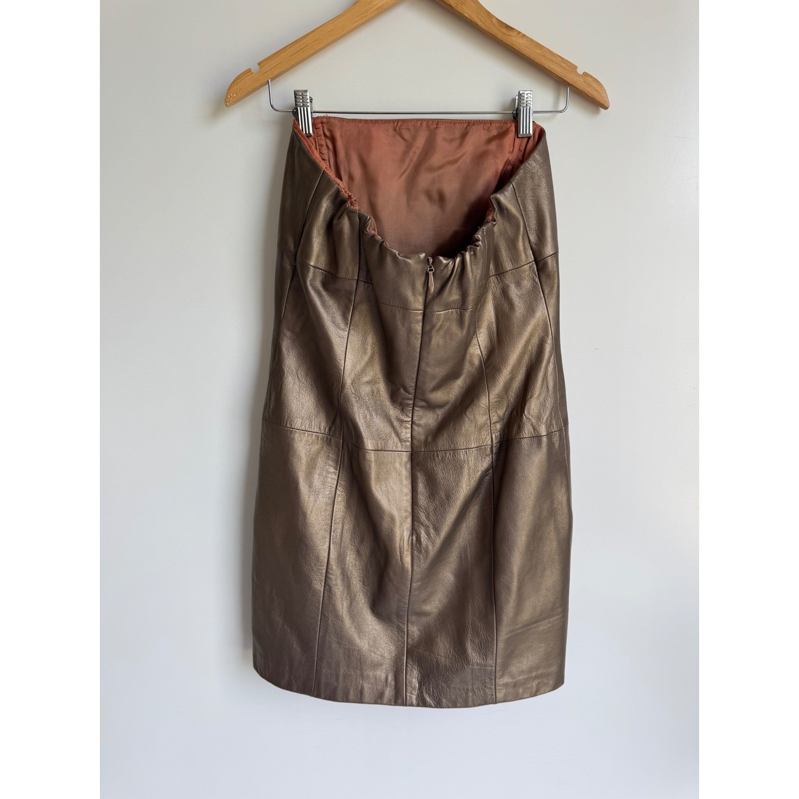 Vintage 100% Lamb Leather Strapless Mini Dress Size 12 Metallic Bronze edgy moto
