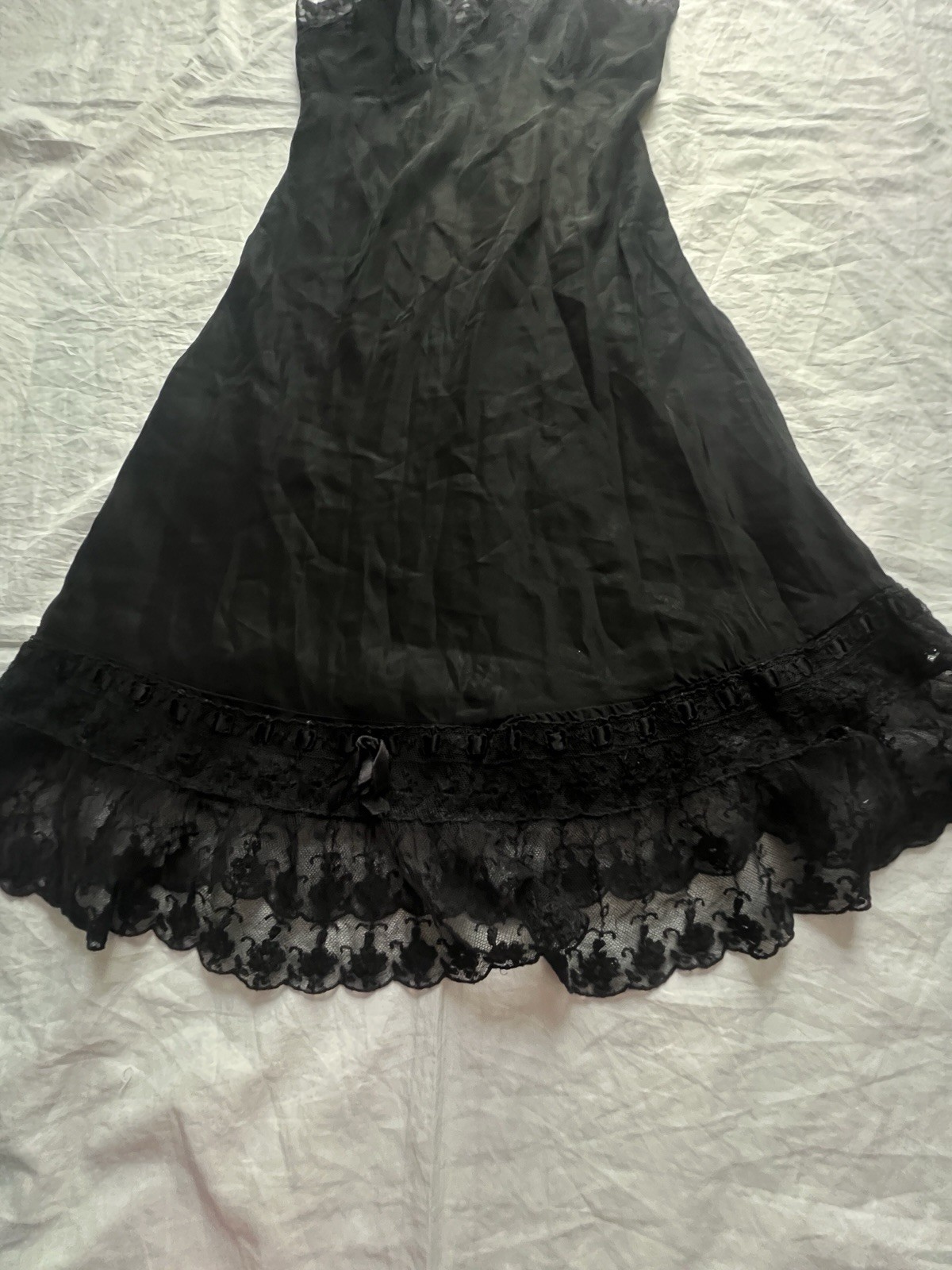 VTG 1960 Black Slip Dress Lace Ribbon Trim Spaghetti Adj Straps Keyhole Front XS