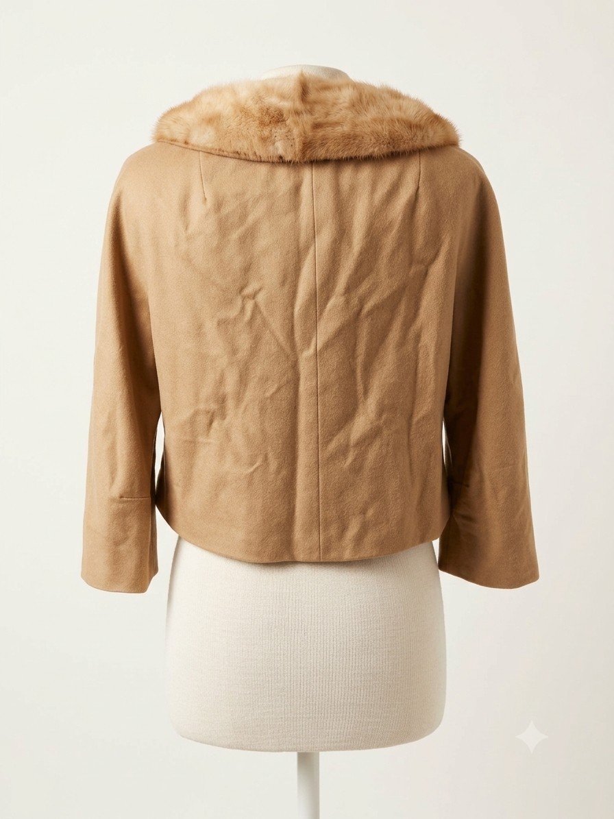 1950’s 60s Cropped Camel Wool Evening Jacket Mink Fur Collar Bracelet Sleeves M