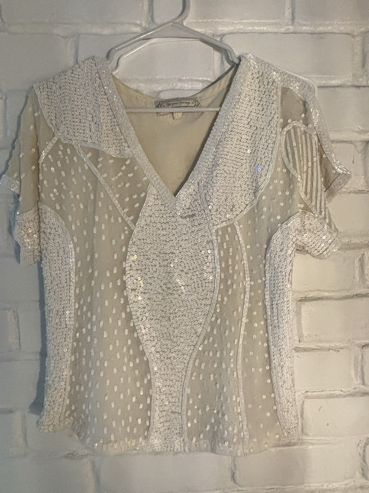 Beyond Vintage XS Heavy Beaded Sequin Mesh Top Ivory Gatsby Cocktail
