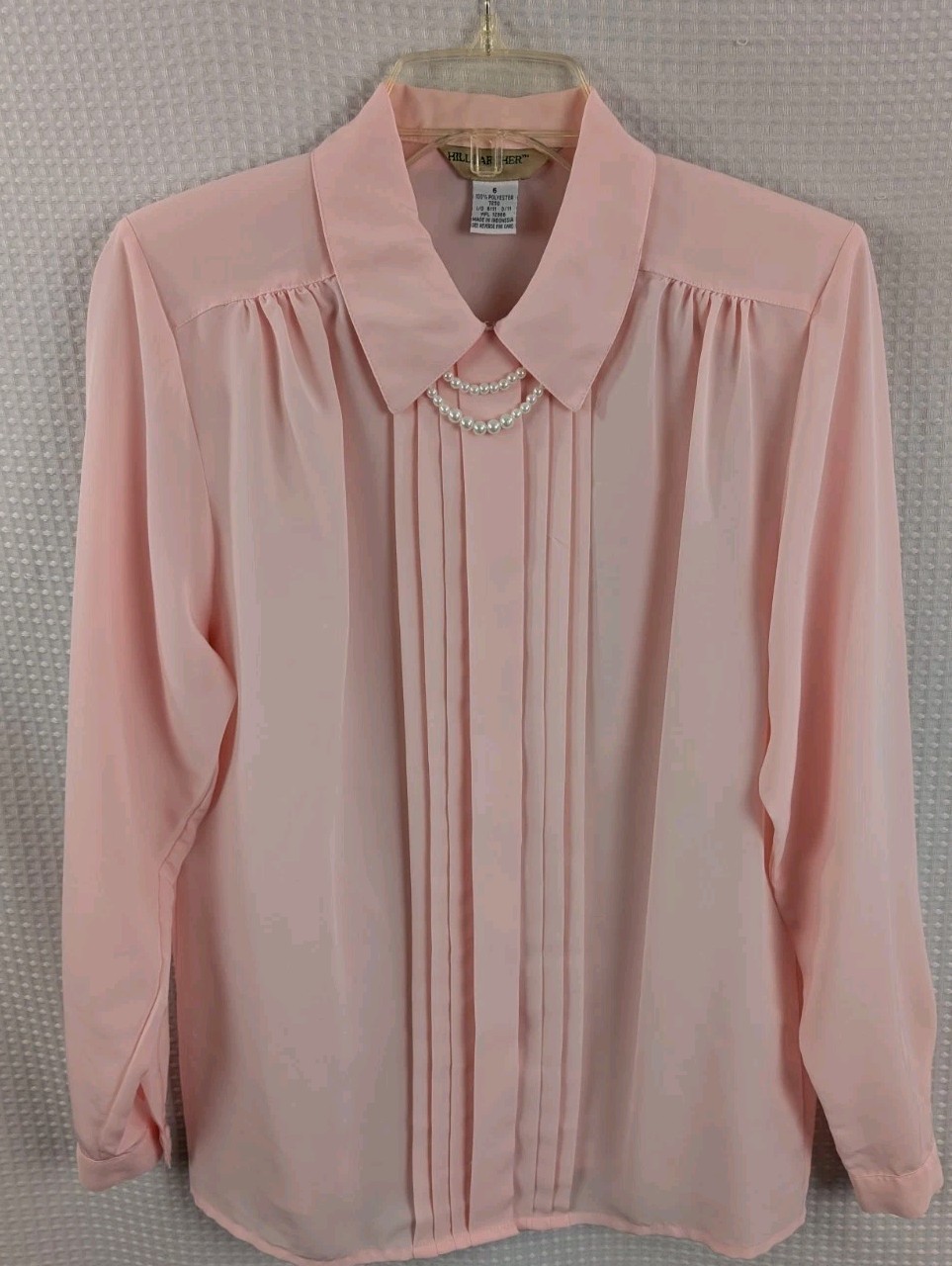 Vintage Hill Archer Pink Polyester Button Up Blouse w/ Attached Faux Pearls Sz 6