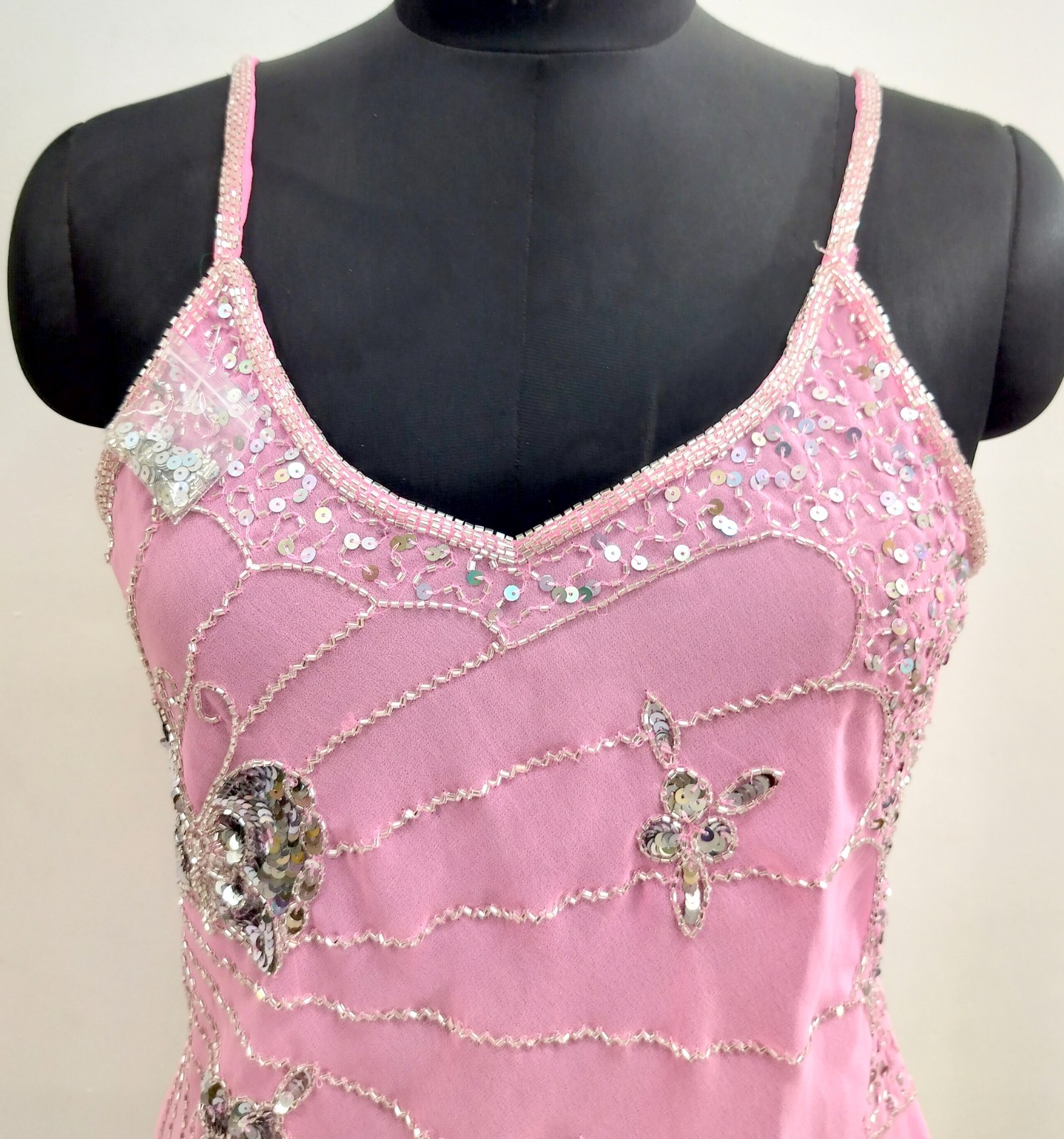 Vintage Y2K Embroidery Costume Sequin Top Blouse Sheer Baby Pink Silver Tunic