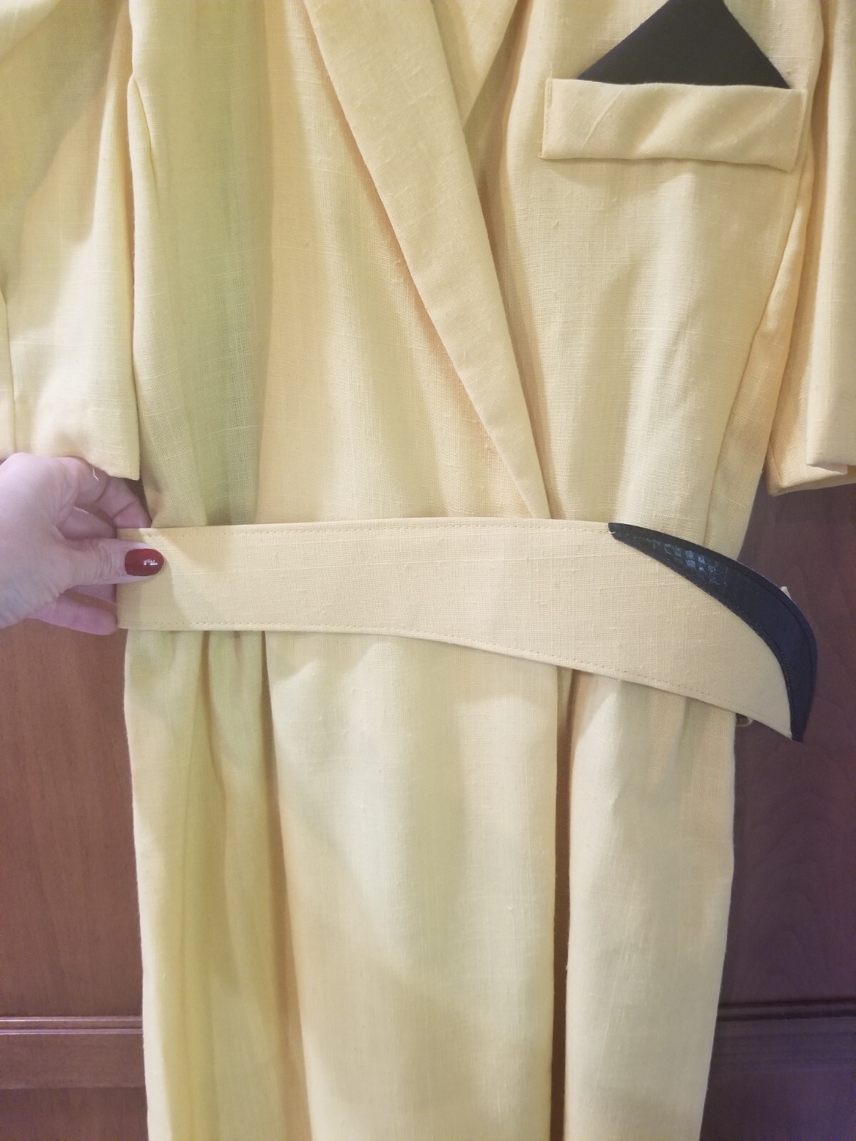 Vintage Yellow and Black Linen Wrap Like Dress w/Large Retro Belt Size 7