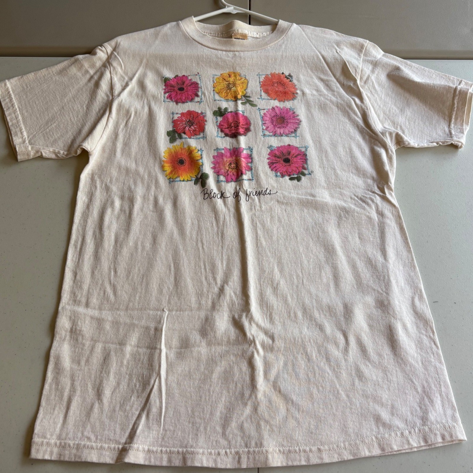 Vintage North West Blue Flower Graphic T-Shirt Cream Large Block of Friends 90s