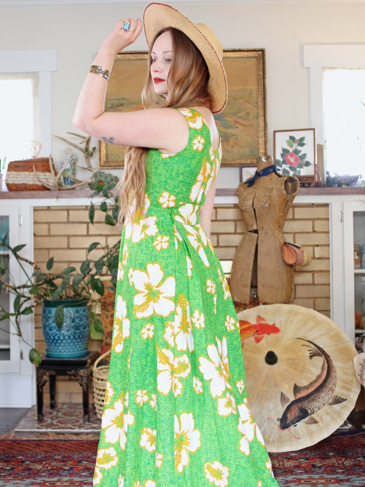 VTG Robin Art of Hawaii Green Hawaiian Barkcloth Dress 1970s Maxi Cotton dress