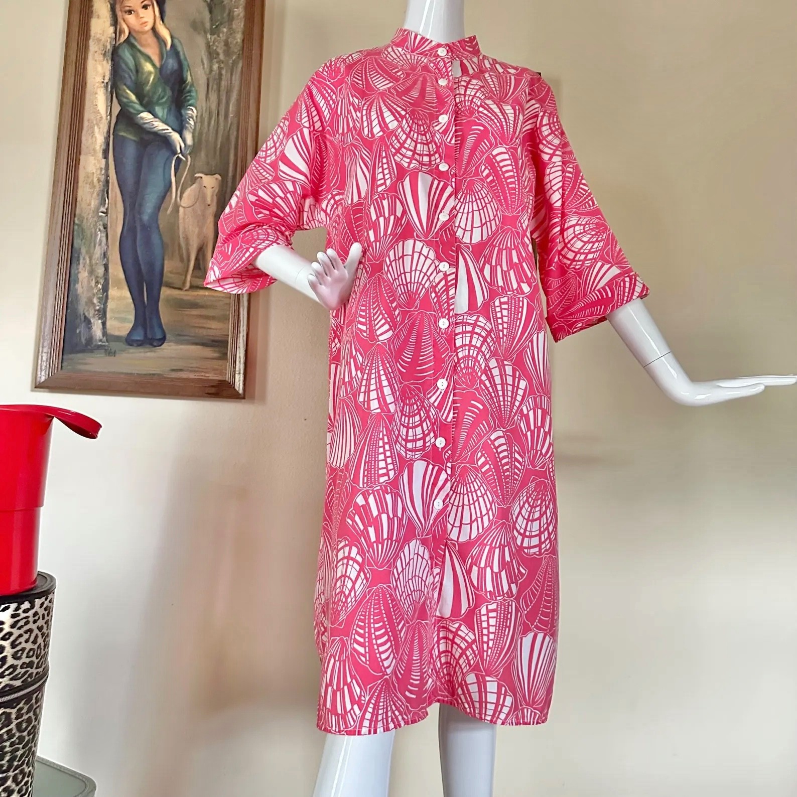 Vintage 70s Mr Hank Preppy Hot Pink Seashells Print Beach Cover-up Shirt Dress L