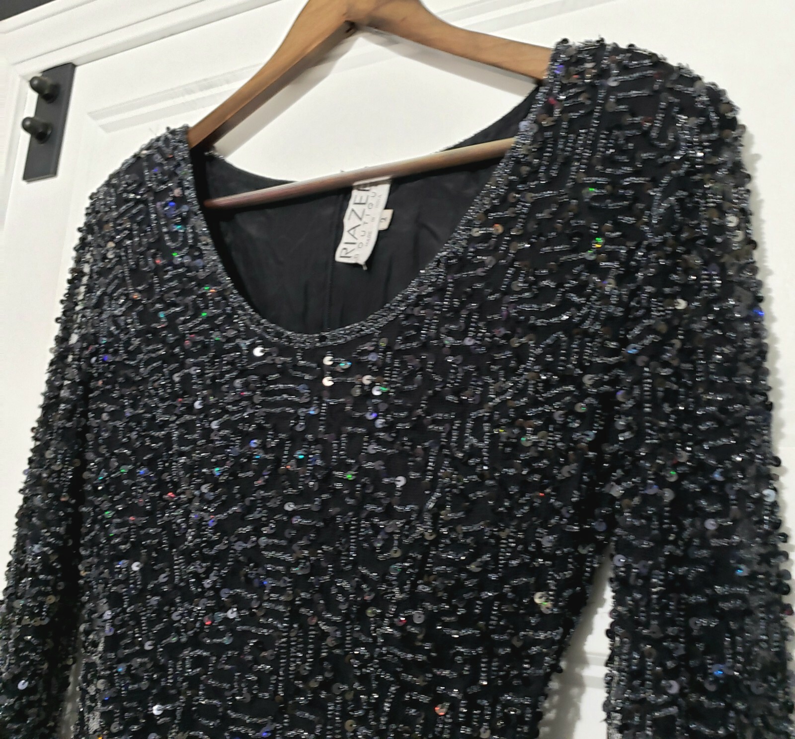 Vintage Riazee Beaded Sequin Mini Dress Black Body Con Long Sleeve Womens 2/4