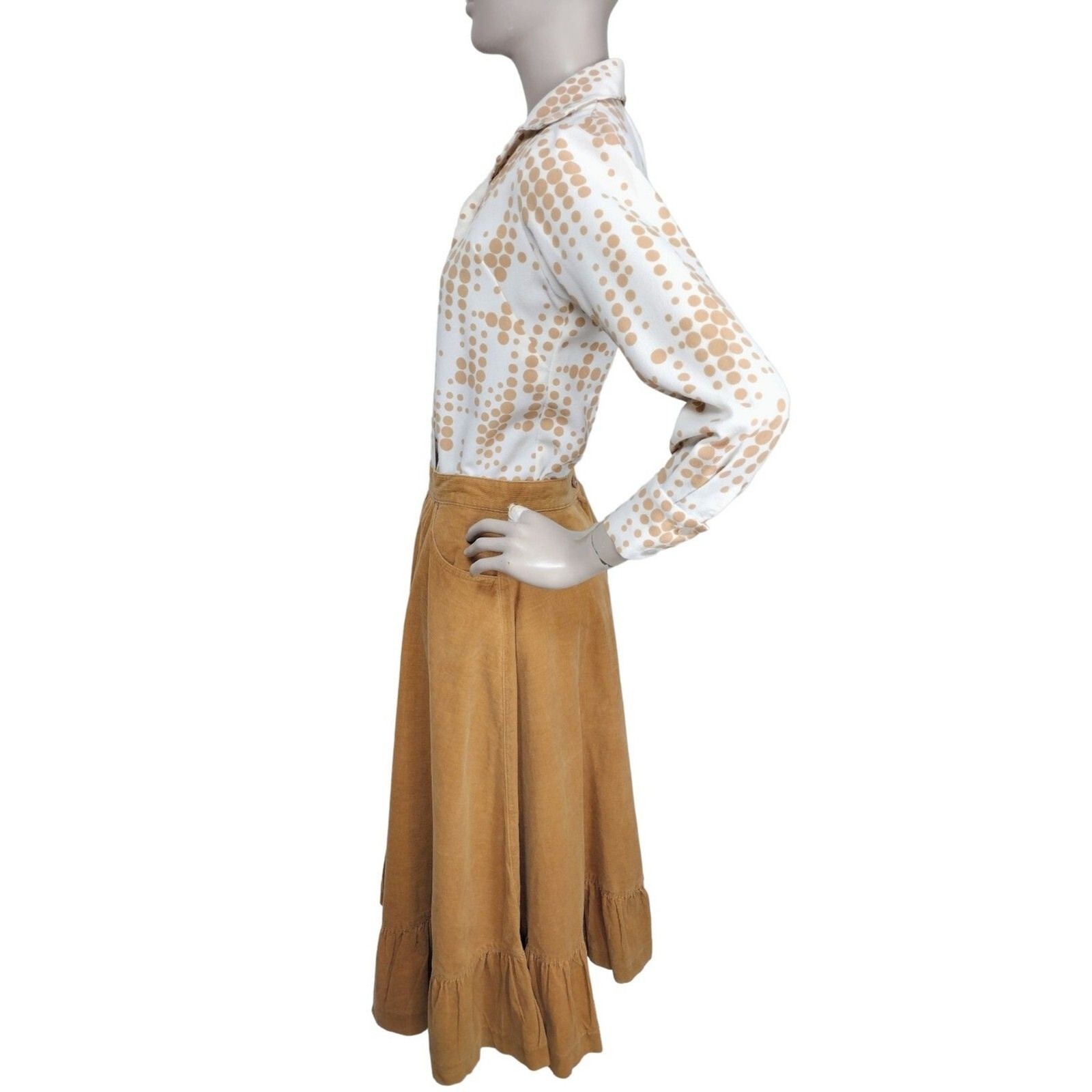 Vintage White Tan Polka Dot 60’s 70’s Button-Down Shirt Size XS/S/M