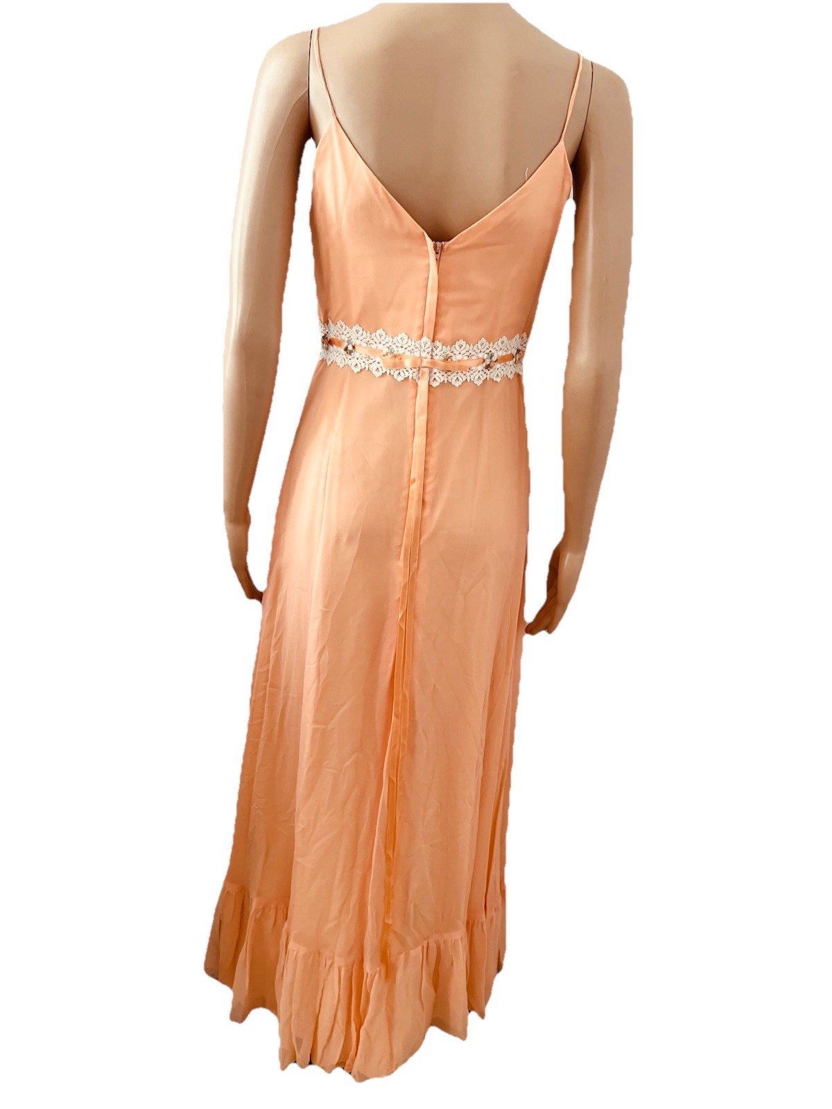 VTG 60s Peach Chiffon Maxi Dress Capelet Floral Lace Ribbon Trim Hemline Damage