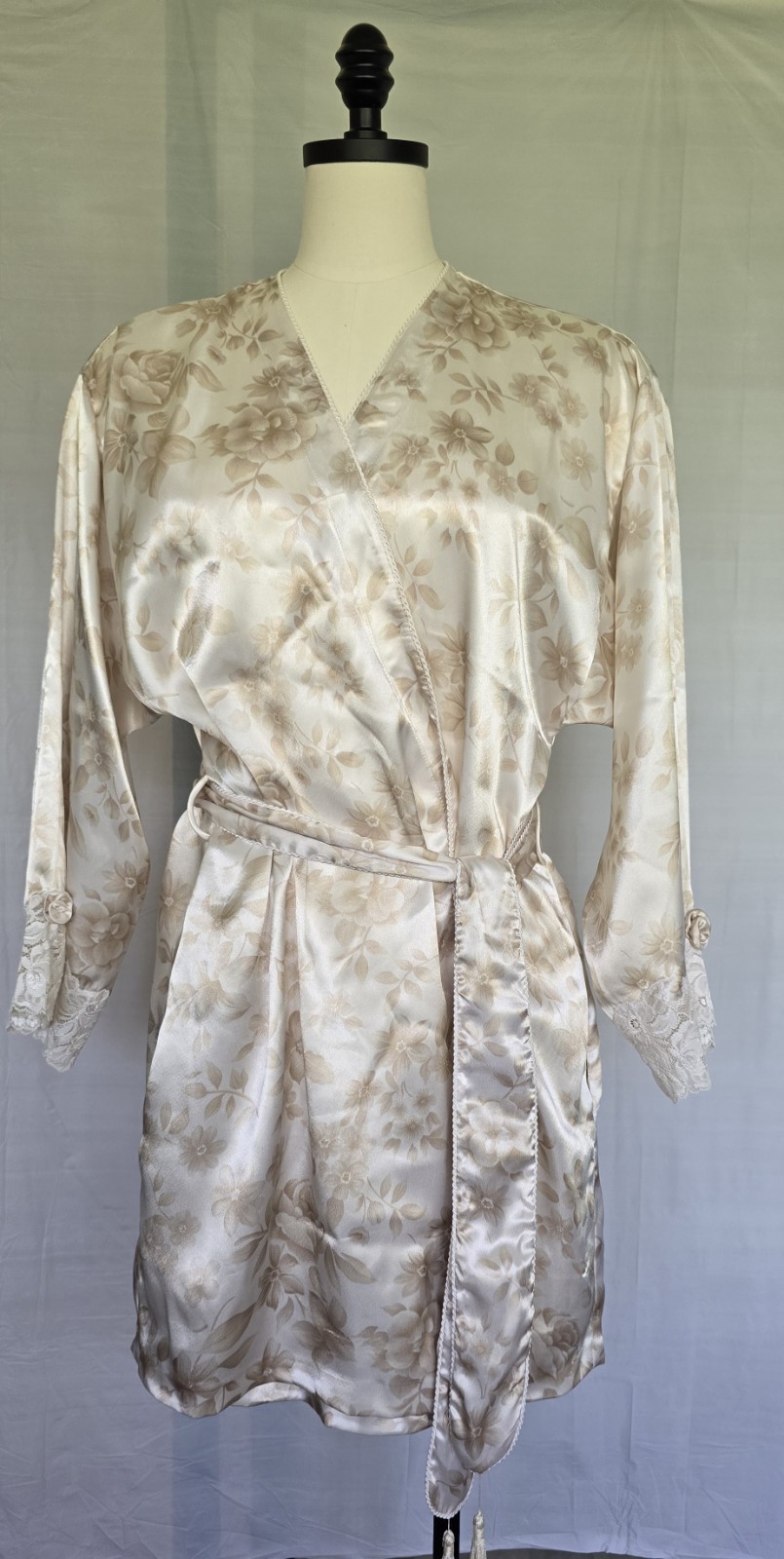 Vintage Christian Dior Satin Floral Jacquard Lace Robe Cream Gold, M